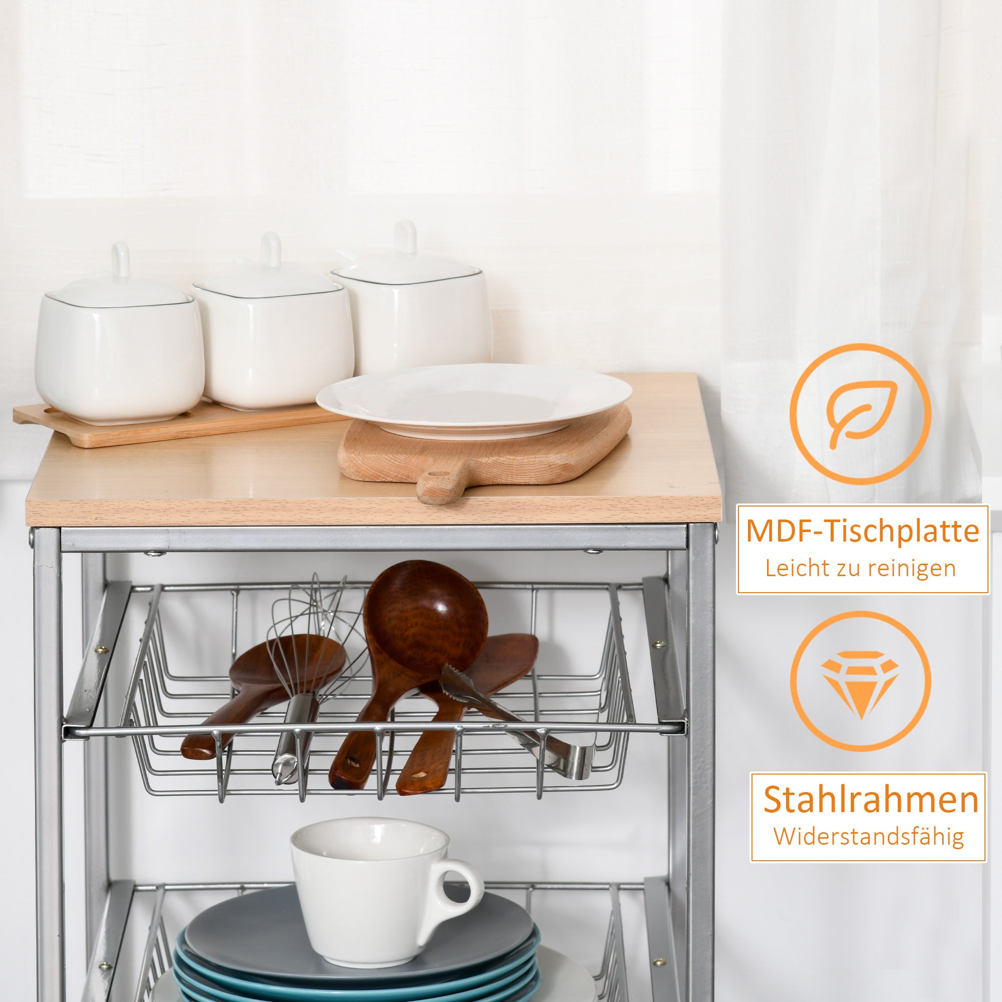 Kitchen Cart Rolling Cart with 4 Levels Kitchen Shelf with Metal Baskets, All-Purpose Cart on Wheels, Storage Cart for Kitchen Bathroom Office Living Room Silver