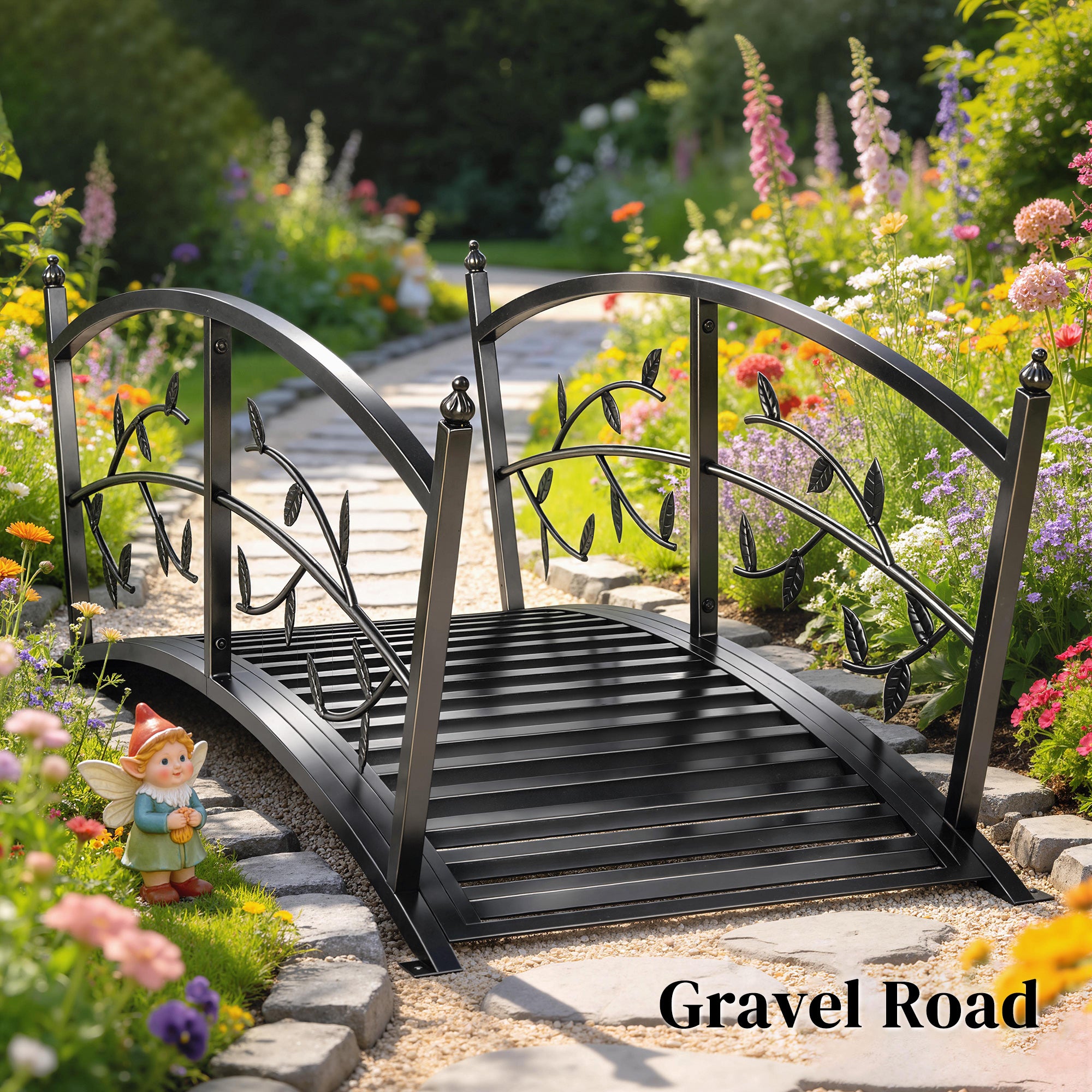 Metal Garden Bridge, 47 in (120 cm) Decorative Pond Bridge with Safety Handrails, Vine & Leaf Design, 220 lb Capacity, Powder-Coated Black — Easy Assembly