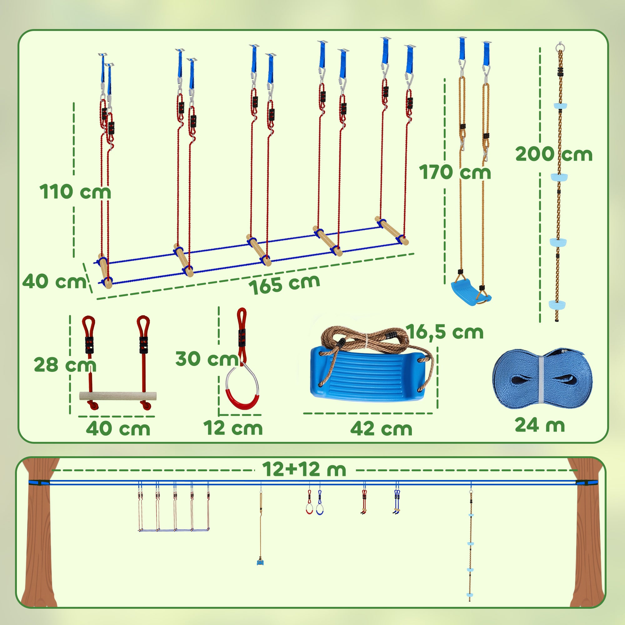 Kids Ninja Line 24 m Slackline Set with Gym Rings, 7 Obstacles, Climbing Bar & Balance Bridge — Obstacle Course for Ages 3–6 (Red/Blue)