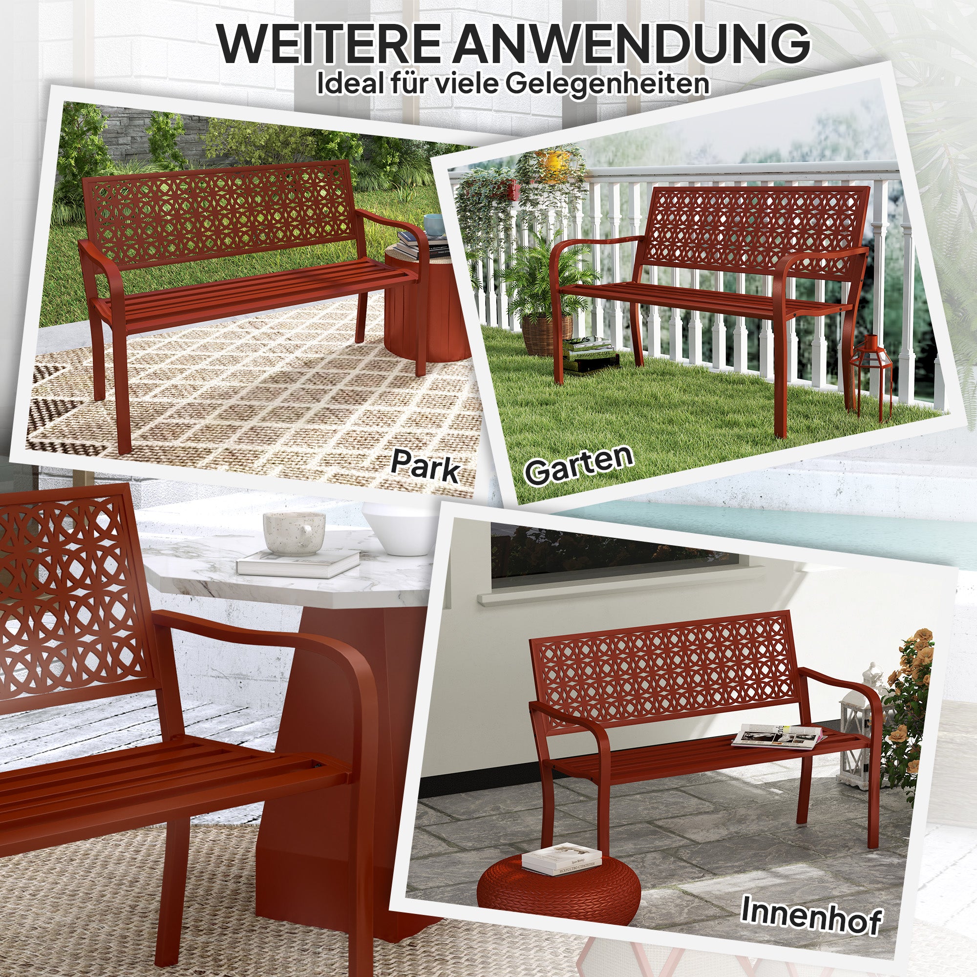 2-Seater Garden Bench, Weatherproof Bench, Garden Furniture with Back & Armrests, Park Bench 240kg Capacity, Balcony Bench for balcony Terrace, Garden, 127 x 63 x 85cm, Red