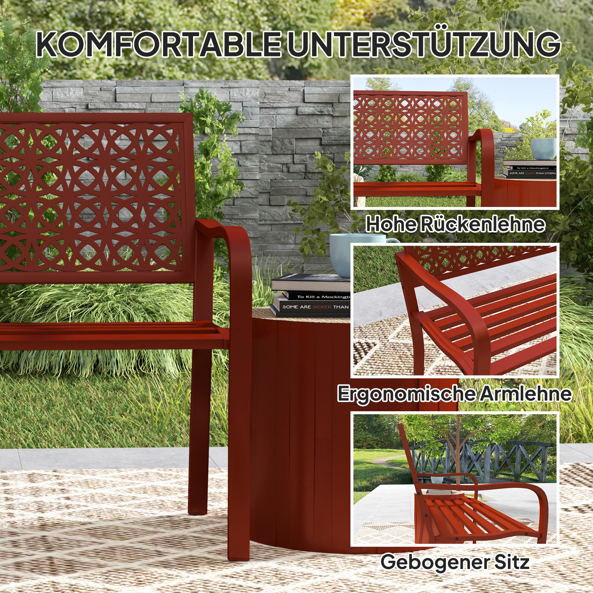 2-Seater Garden Bench, Weatherproof Bench, Garden Furniture with Back & Armrests, Park Bench 240kg Capacity, Balcony Bench for balcony Terrace, Garden, 127 x 63 x 85cm, Red