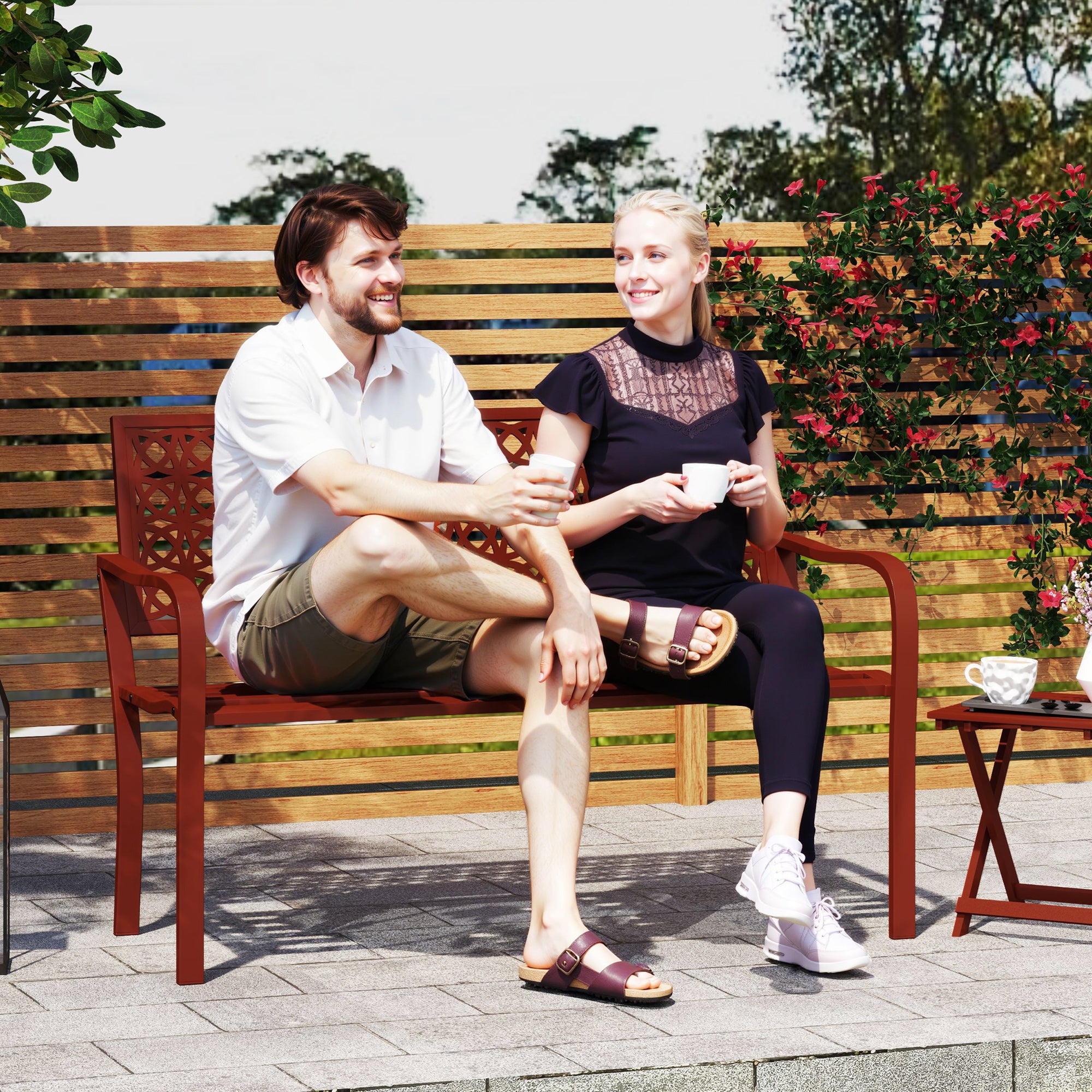 2-Seater Garden Bench, Weatherproof Bench, Garden Furniture with Back & Armrests, Park Bench 240kg Capacity, Balcony Bench for balcony Terrace, Garden, 127 x 63 x 85cm, Red
