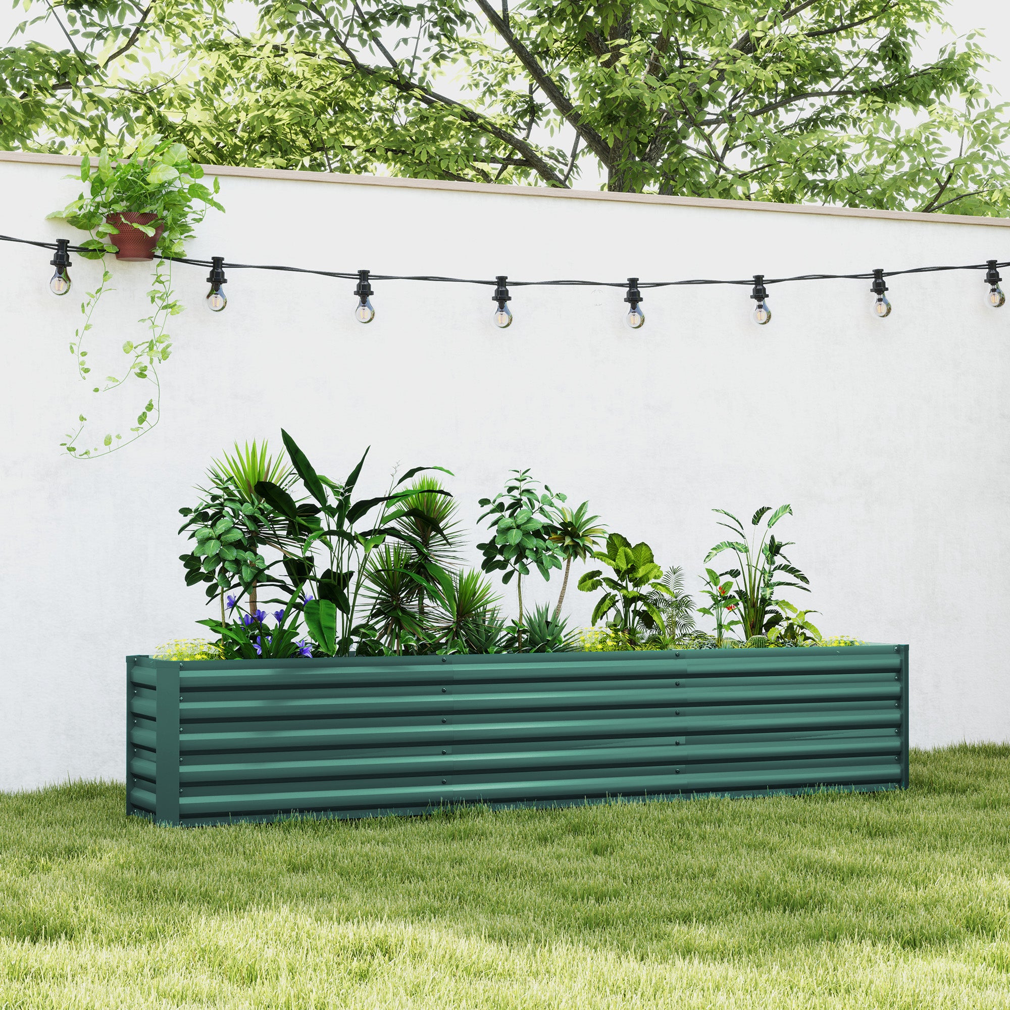 Square Raised Garden Bed, Galvanized Steel Elevated Planter Box with Support Bars and Corner Plates, Open Bottom, Elevated Garden Bed for Vegetable Plants, Flowers, 240 x 40 x 45 cm, Green