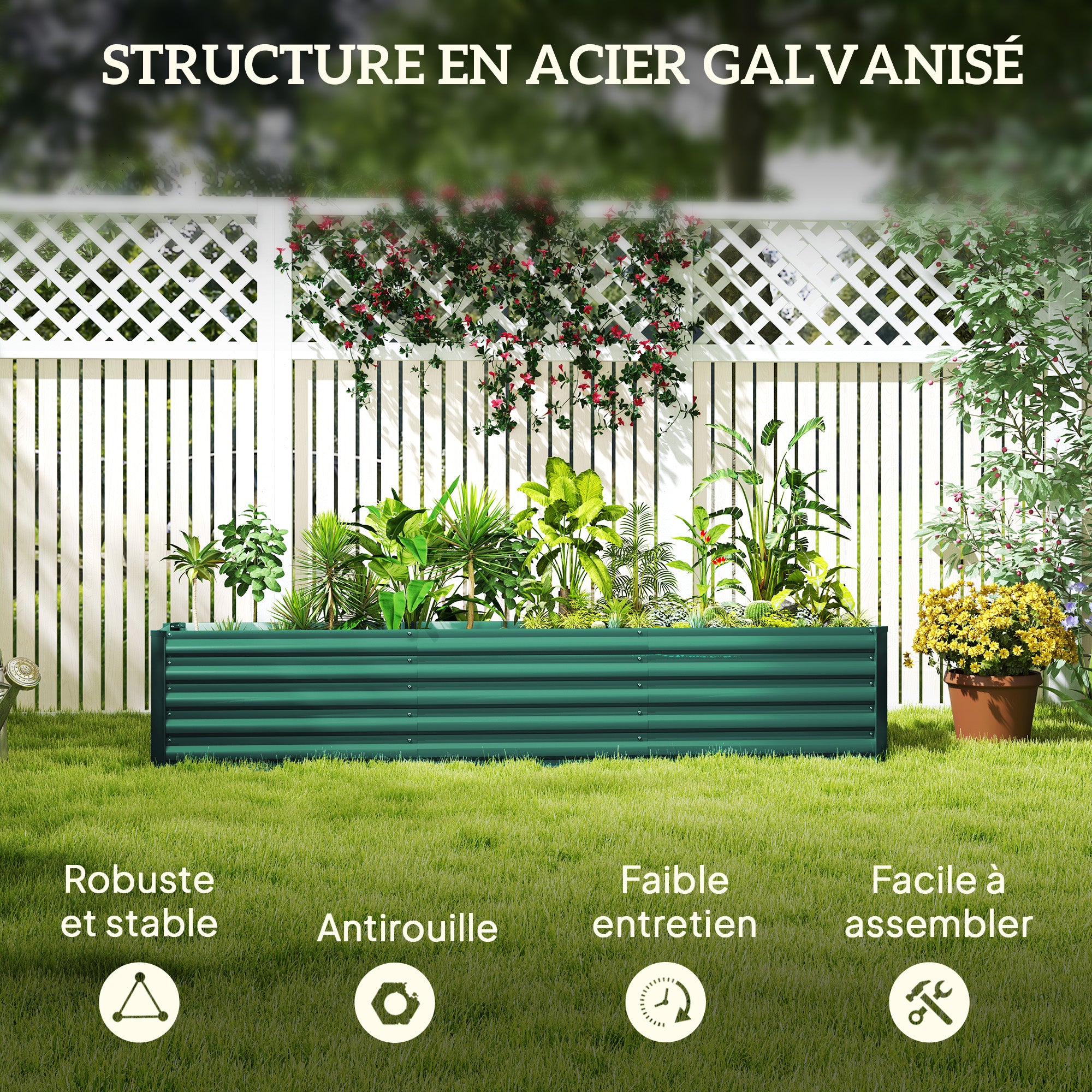 Square Raised Garden Bed, Galvanized Steel Elevated Planter Box with Support Bars and Corner Plates, Open Bottom, Elevated Garden Bed for Vegetable Plants, Flowers, 240 x 40 x 45 cm, Green