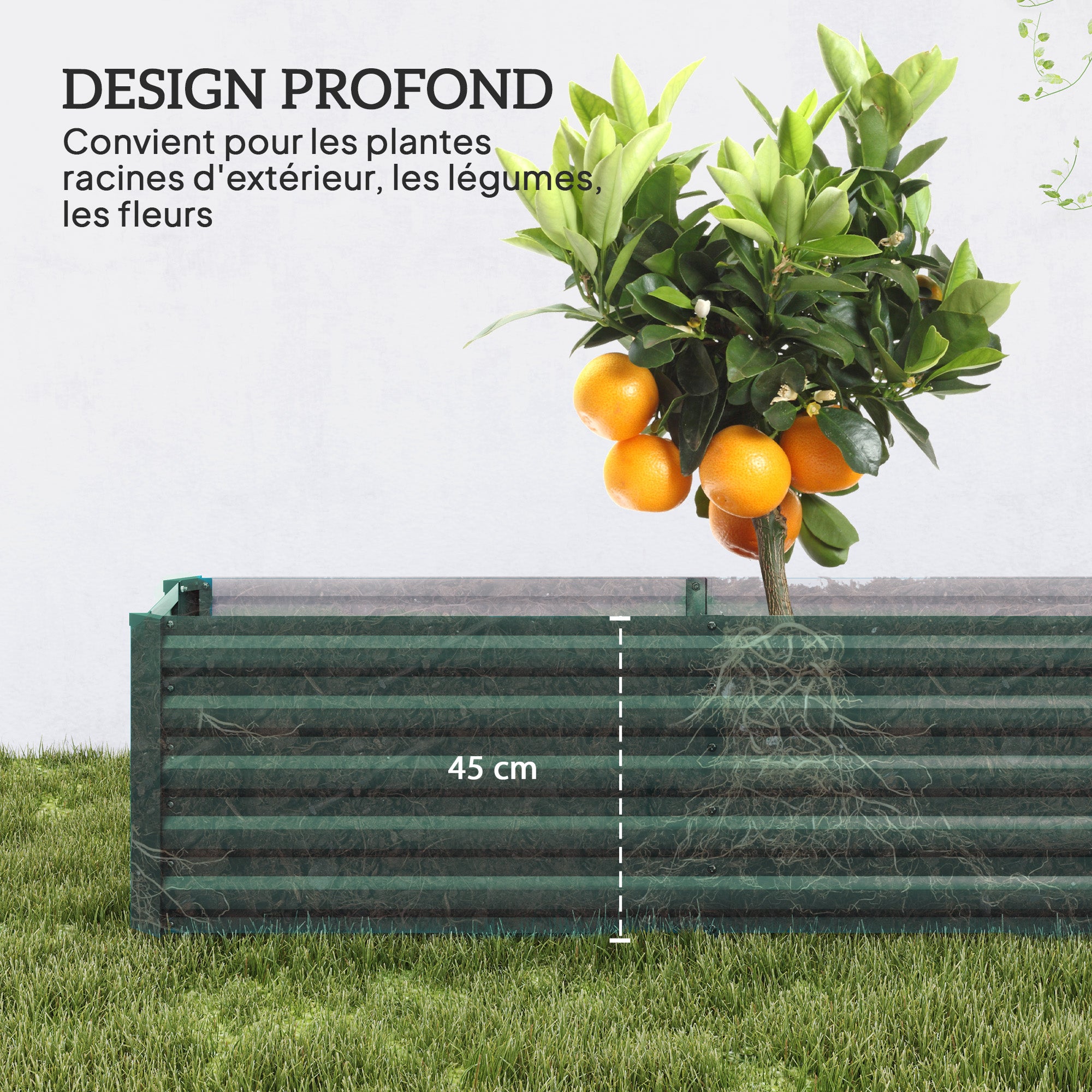 Square Raised Garden Bed, Galvanized Steel Elevated Planter Box with Support Bars and Corner Plates, Open Bottom, Elevated Garden Bed for Vegetable Plants, Flowers, 240 x 40 x 45 cm, Green
