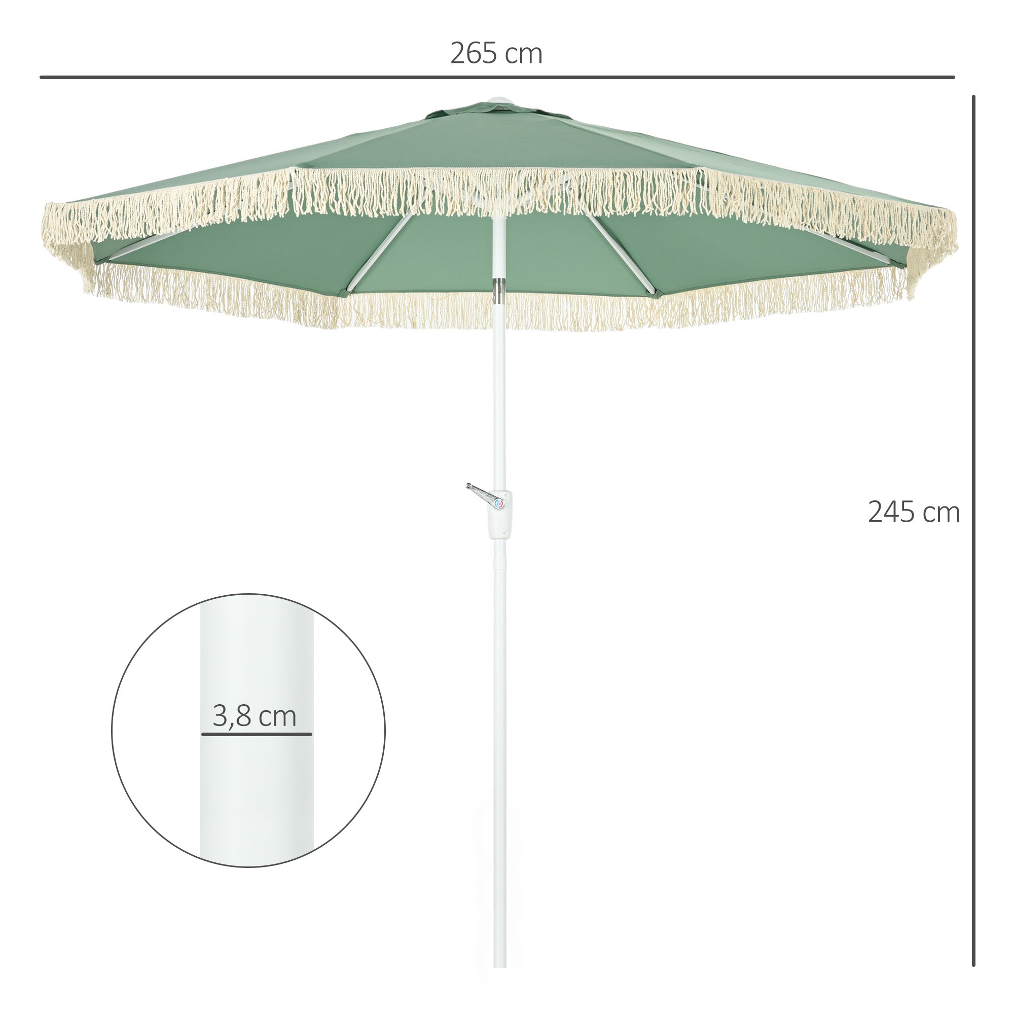 Garden Parasol Outdoor Tilt Fringed Umbrella with Crank 8 Ribs Ø 2.65 x 2.45m Green