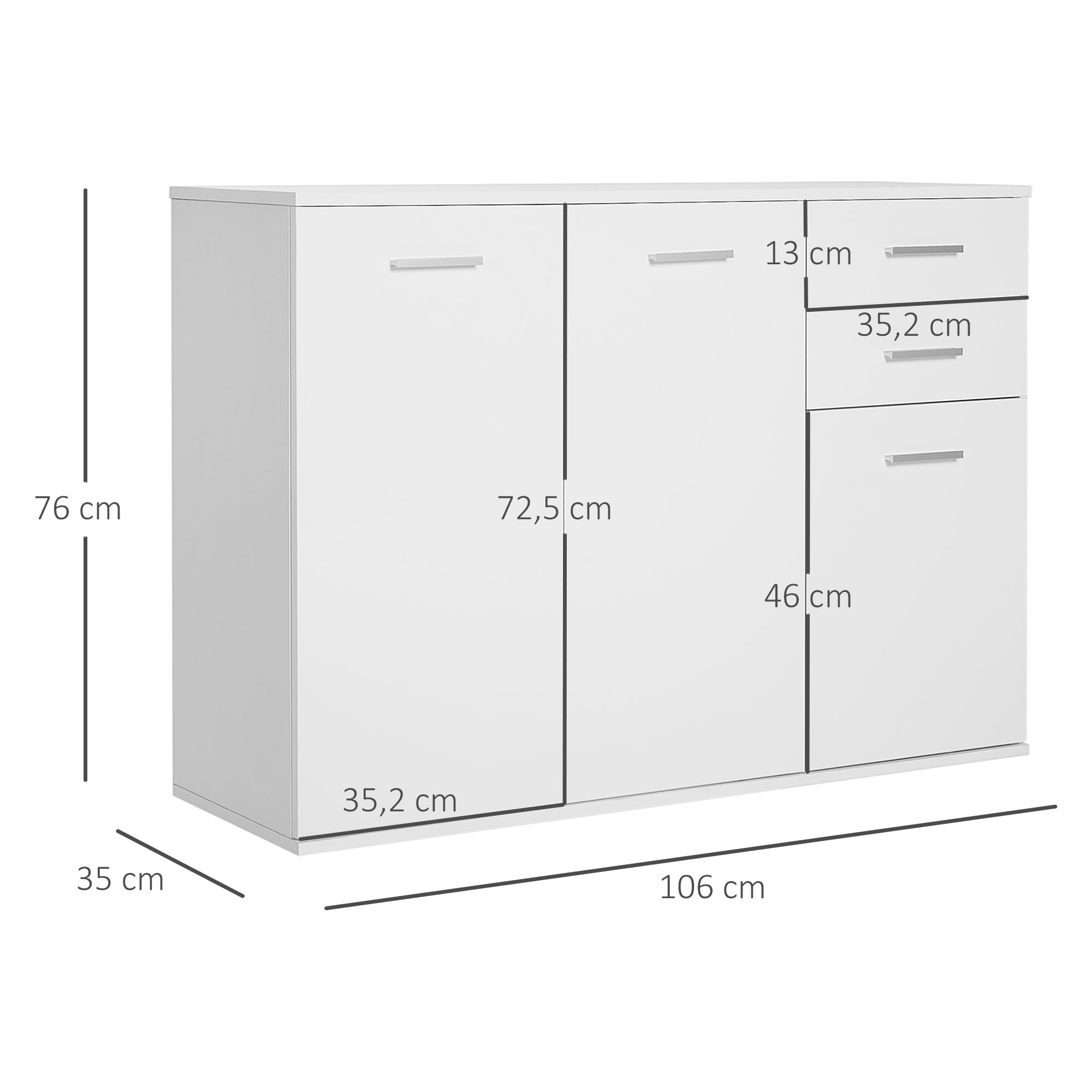 Kitchen Sideboard Cabinet with 2 Doors Living Room Buffet with 2 Drawers Adjustable Shelf Modern Style for Dining Room 106x35x76cm Glossy White