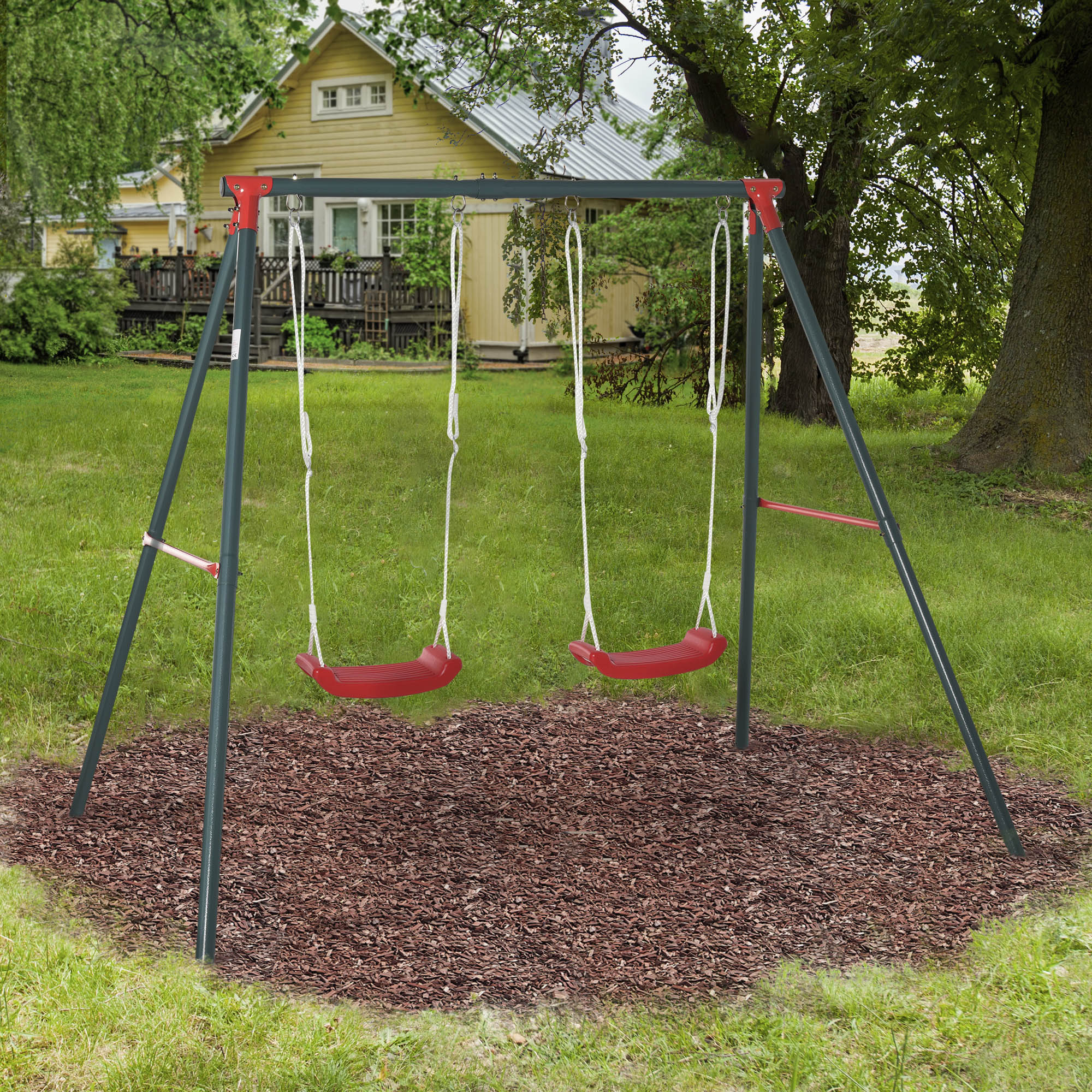 Double Swing Set for Kids Ages 3+ with Metal Stand Children's Swing Playset Adjustable Rope Outdoors Max Load 40kg 239x156x180 cm Green Red