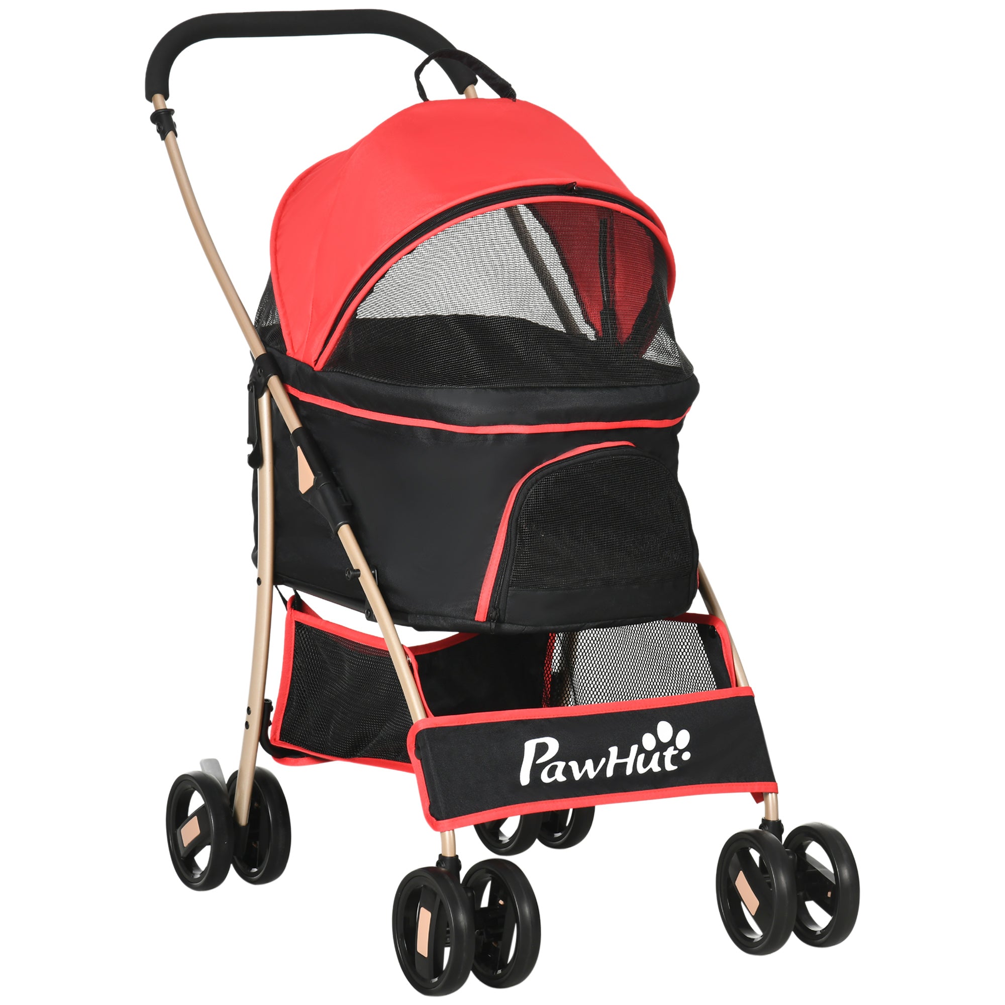 Pet Stroller, 2 in 1 Dog Trolley, Carrier Bag, Collapsible Dog Buggy with Cushion, Cat Stroller for Small Dogs, Cats, Cat Buggy with 4 Wheels, Mesh Window, Oxford Fabric, Red