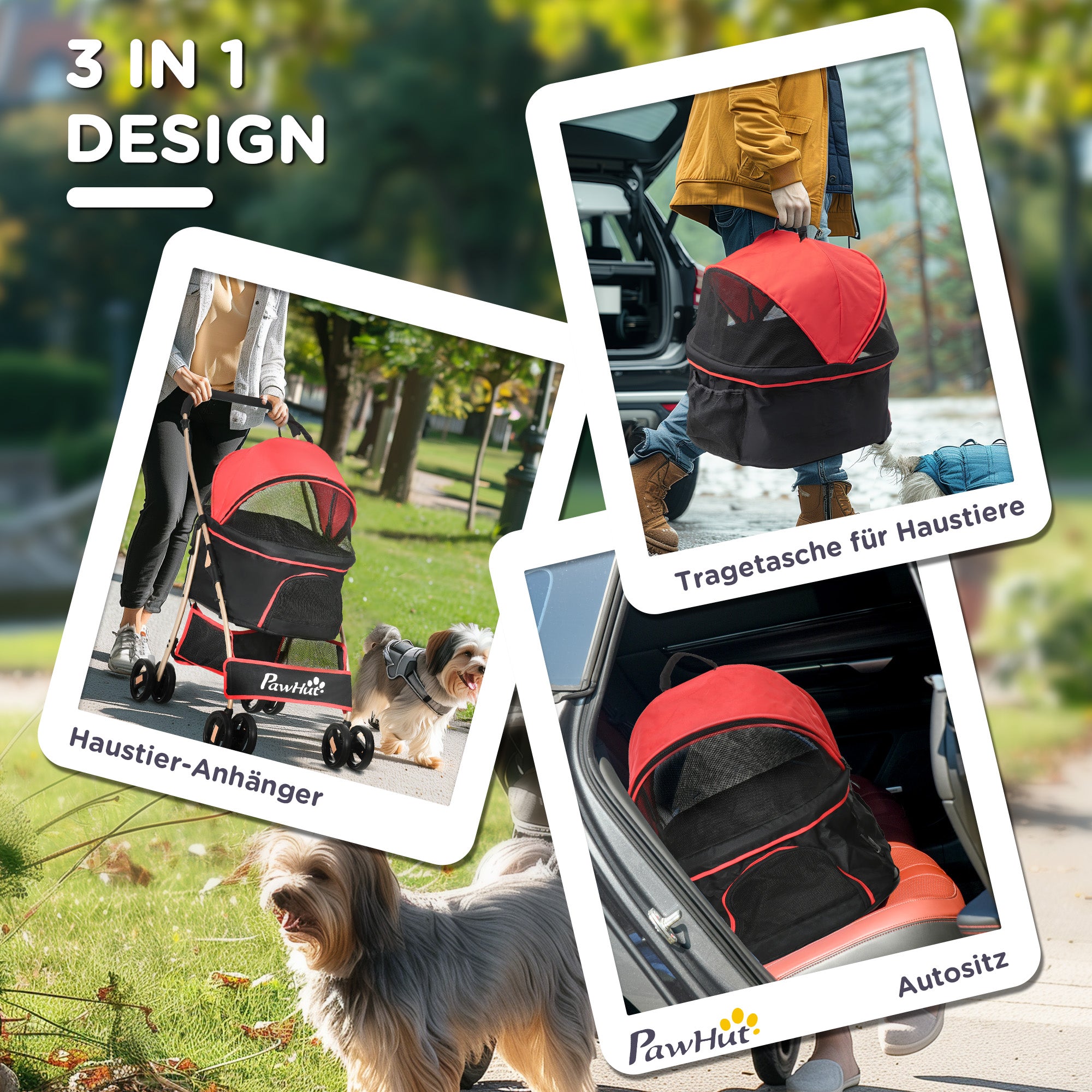Pet Stroller, 2 in 1 Dog Trolley, Carrier Bag, Collapsible Dog Buggy with Cushion, Cat Stroller for Small Dogs, Cats, Cat Buggy with 4 Wheels, Mesh Window, Oxford Fabric, Red