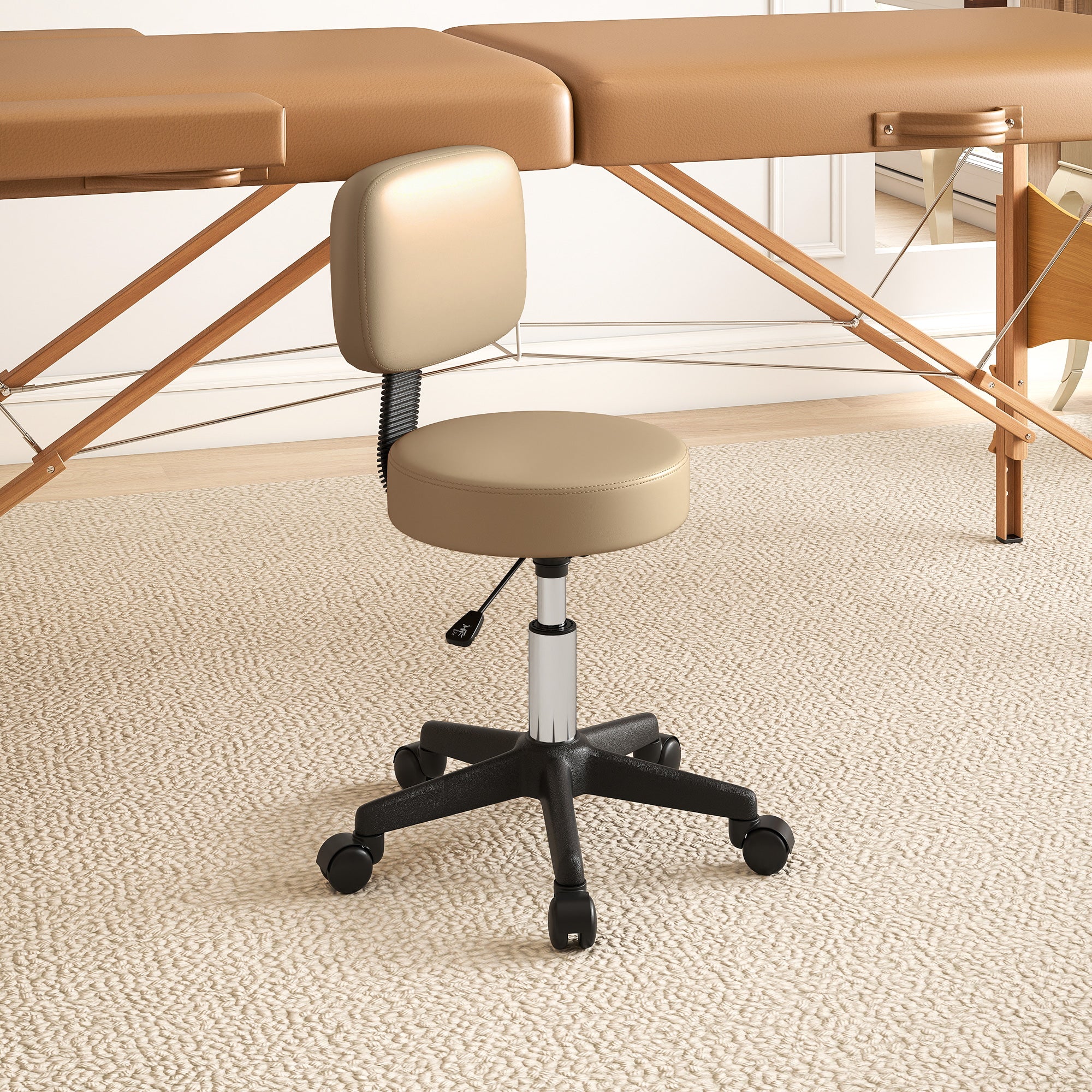 Rolling Stool with Backrest, Height Adjustable (72–84 cm / 28.3–33.1 in), 360° Swivel Office/Salon/Massage Stool – Light Brown