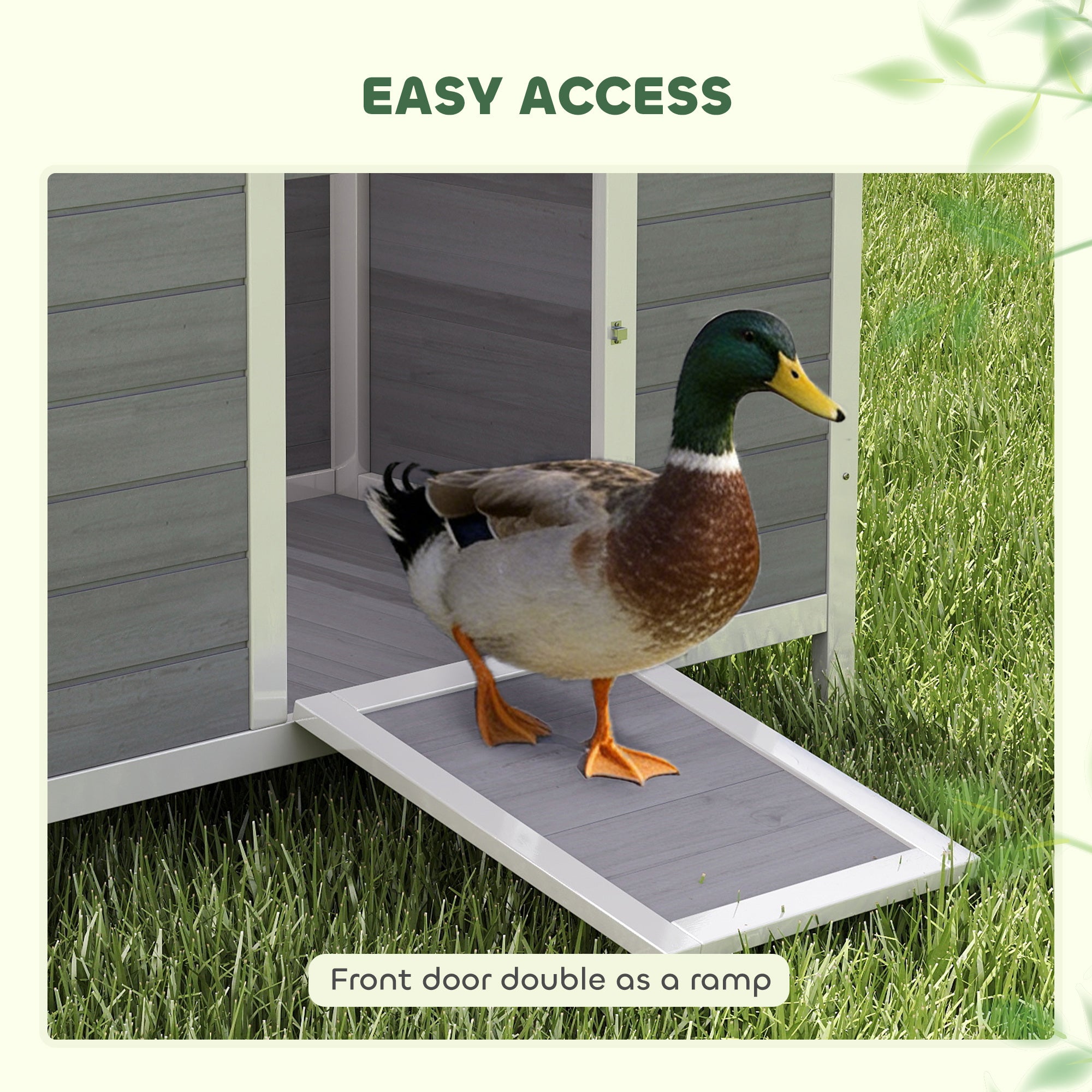 Weatherproof Wooden Duck House with Removable Floor, Sliding Windows & Asphalt Roof — Elevated Coop with Ramp for 2–3 Ducks/Chickens, Gray (93 x 70 x 72 cm / 36.6 x 27.6 x 28.3 in)