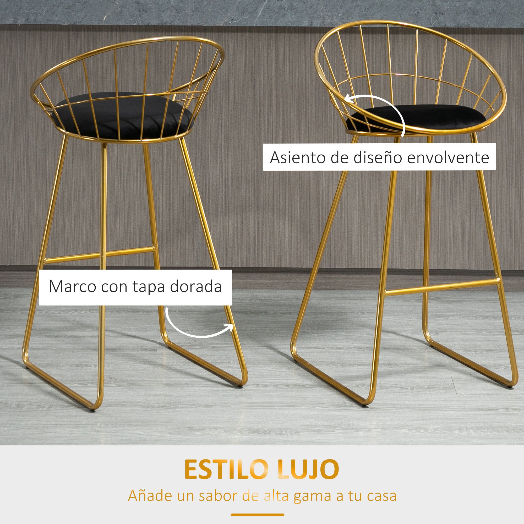 Set of 2 High Kitchen Stools with Fabric Seat Bar Stools Acapulco Chairs with Backrest and Footrest for Dining 52.5x47x97 cm Gold