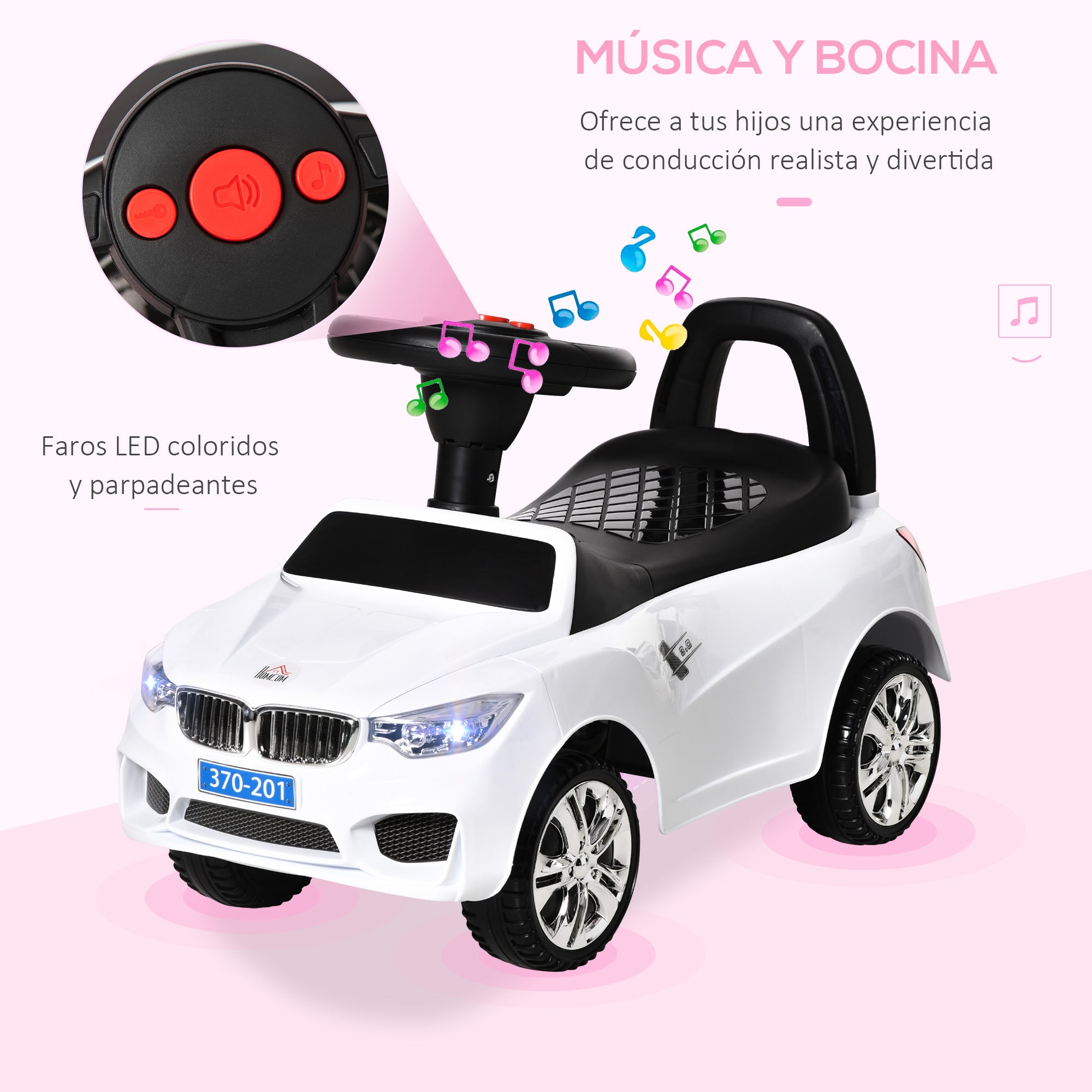 Ride-On Car for Children 18-36 Months Toddler Ride-On with Headlights Music Horn Steering Wheel Storage Space and Push Handle 63.5x28x36 cm White