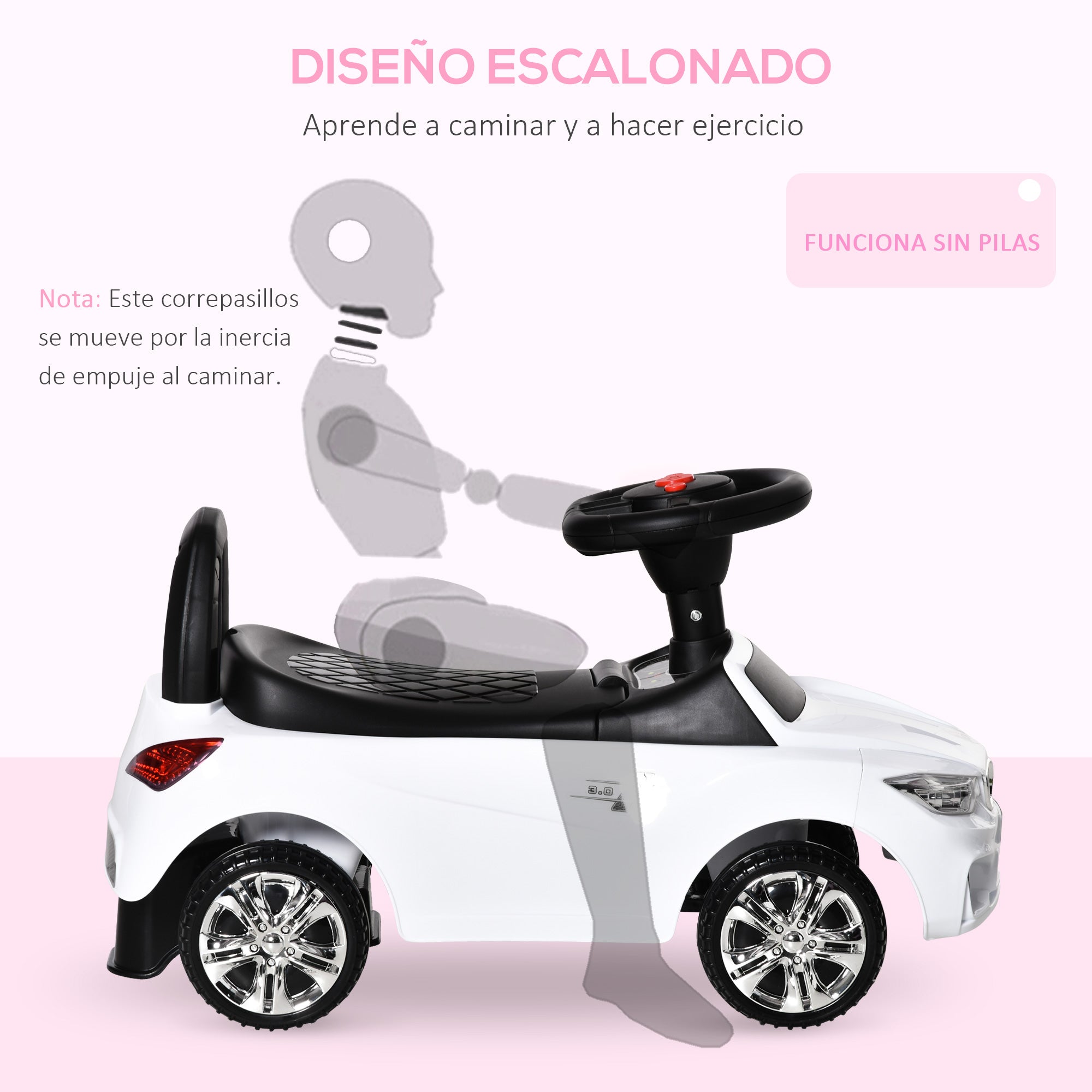 Ride-On Car for Children 18-36 Months Toddler Ride-On with Headlights Music Horn Steering Wheel Storage Space and Push Handle 63.5x28x36 cm White