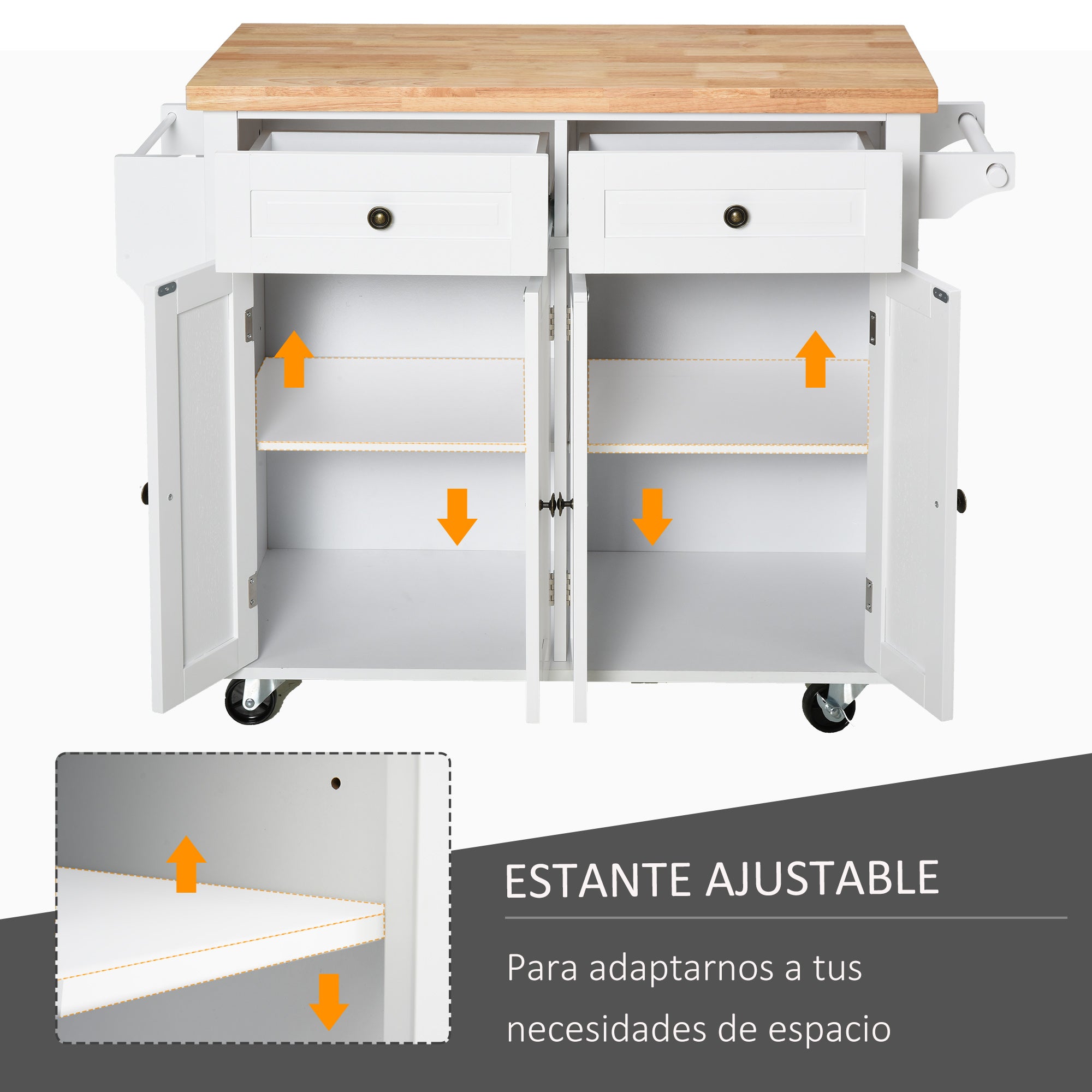 Kitchen Island with Wheels Kitchen Cart with 2 Drawers 4 Doors Spice Rack Wood Top Adjustable Shelf and Side Bar for Dining Room 111x44.5x82.5 cm White
