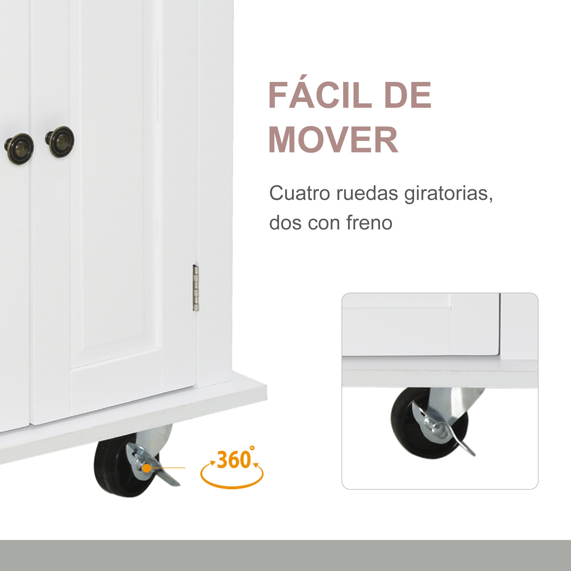 Kitchen Island with Wheels Kitchen Cart with 2 Drawers 4 Doors Spice Rack Wood Top Adjustable Shelf and Side Bar for Dining Room 111x44.5x82.5 cm White