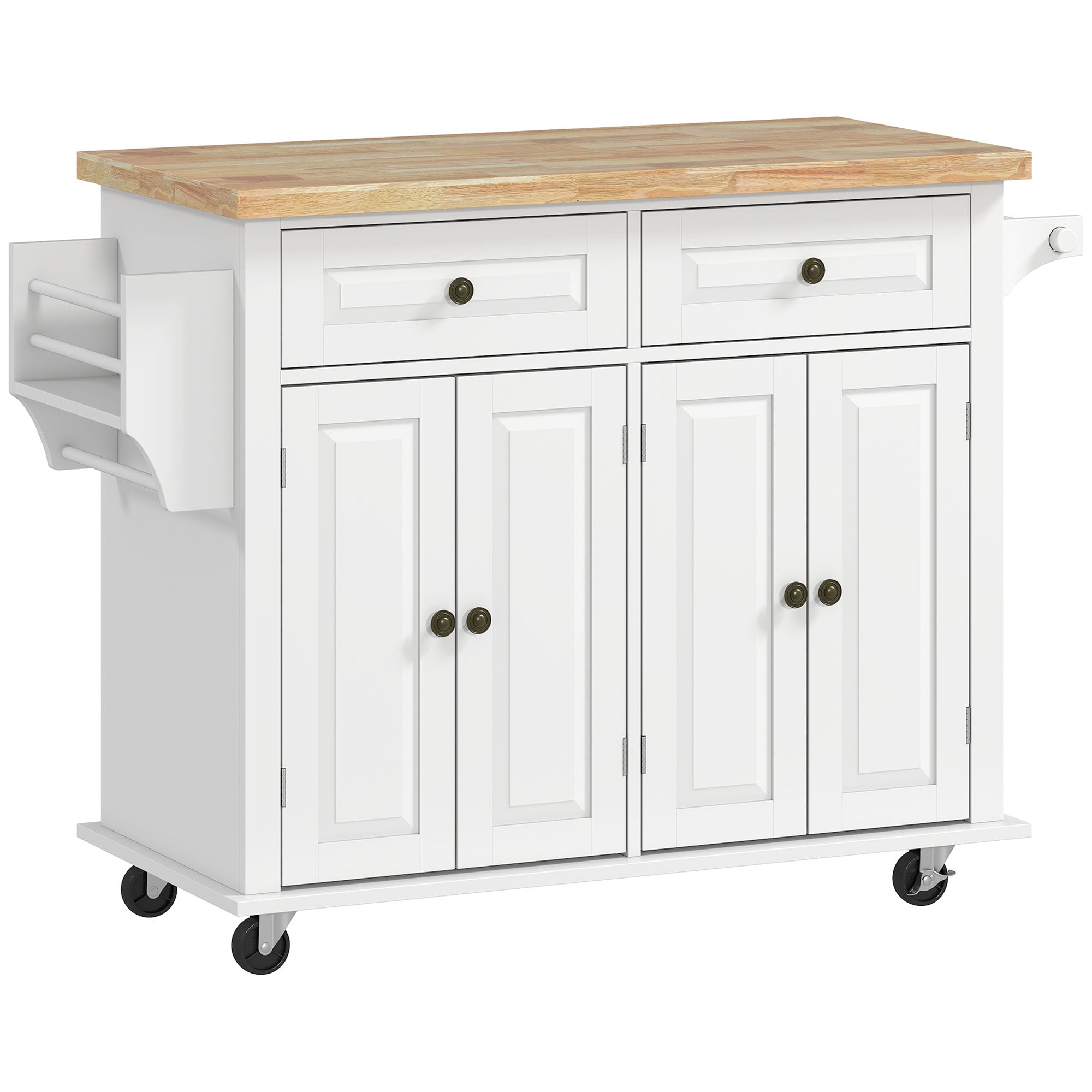 Kitchen Island with Wheels Kitchen Cart with 2 Drawers 4 Doors Spice Rack Wood Top Adjustable Shelf and Side Bar for Dining Room 111x44.5x82.5 cm White