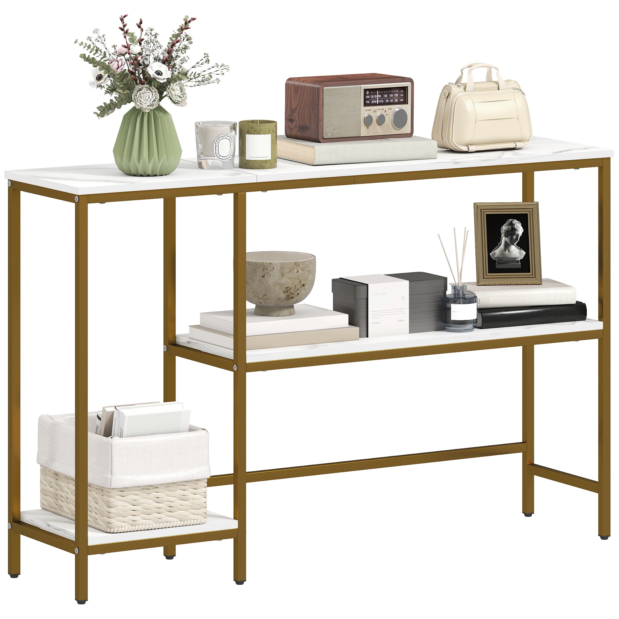Console Table 47.2 in, 3-Tier Console with Shelves, Marble-Effect Tops, Metal Frame, Entryway & Hall Table, White/Gold
