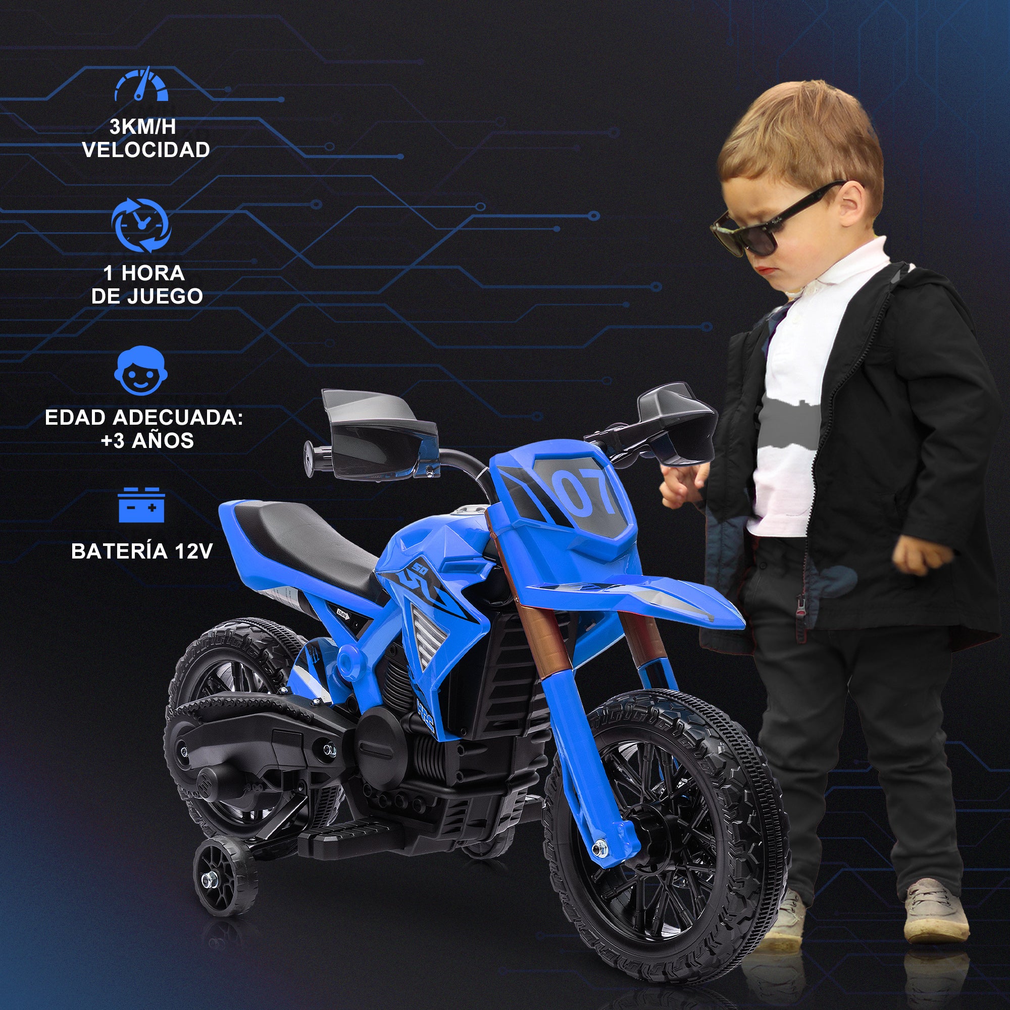 Electric Motorcycle for Kids 3+ Years 12V Battery Powered Motorcycle for Kids with Training Wheels Twist Throttle and Horn Kids Motorcycle Load 30 kg Blue