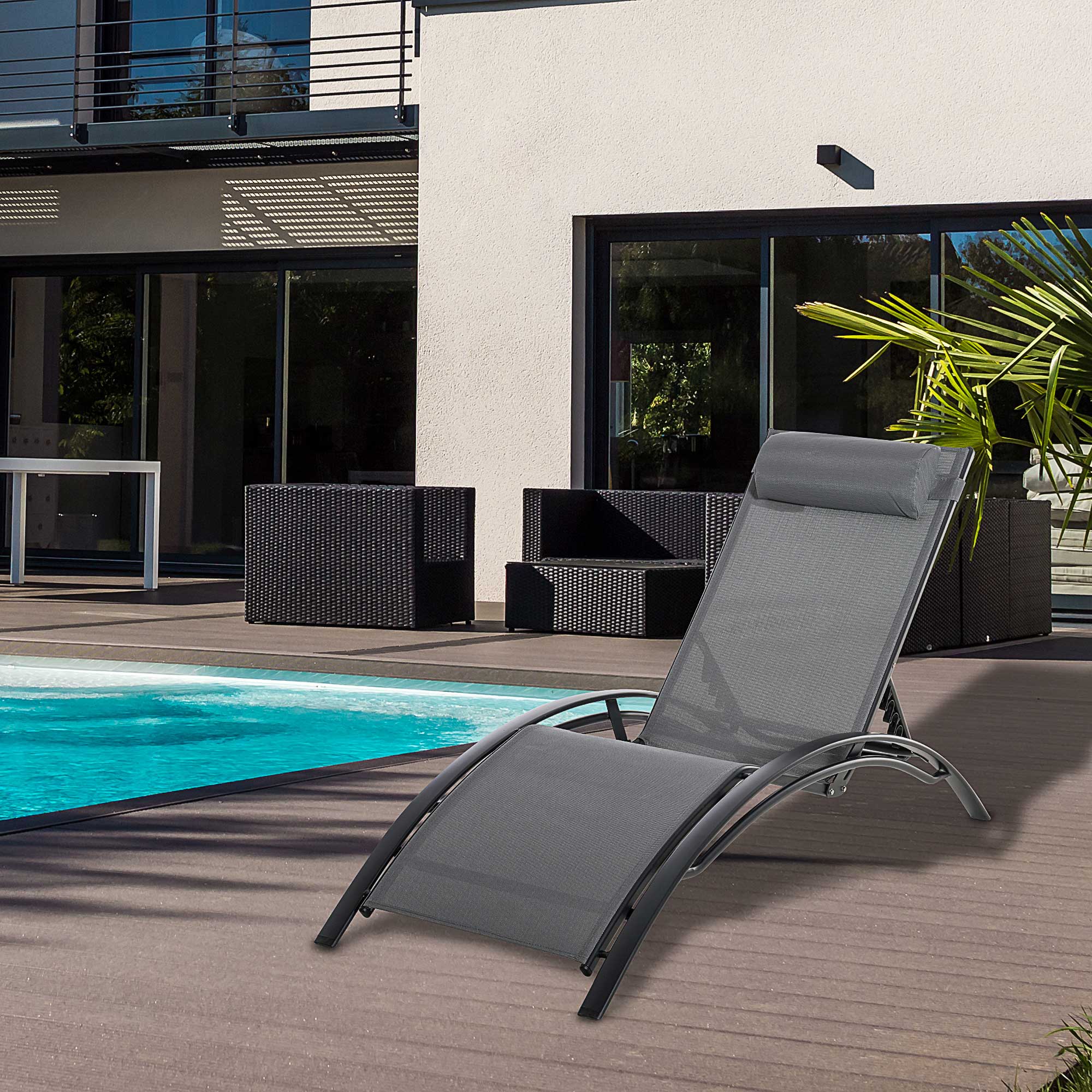 Contemporary Design Garden Sun Lounger Reclining Multi-Position Chair with Removable Headrest Aluminum Textilene dim. 171L x 64W x 82H cm Gray