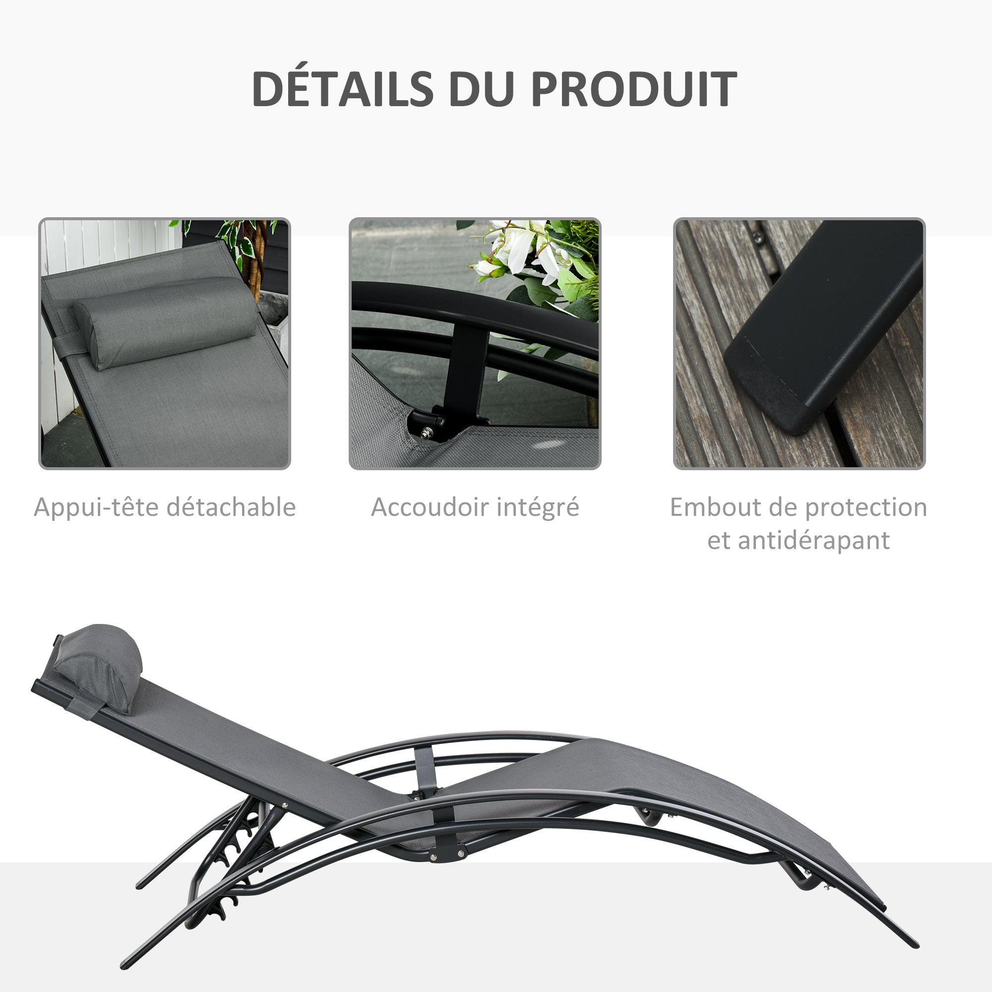 Contemporary Design Garden Sun Lounger Reclining Multi-Position Chair with Removable Headrest Aluminum Textilene dim. 171L x 64W x 82H cm Gray