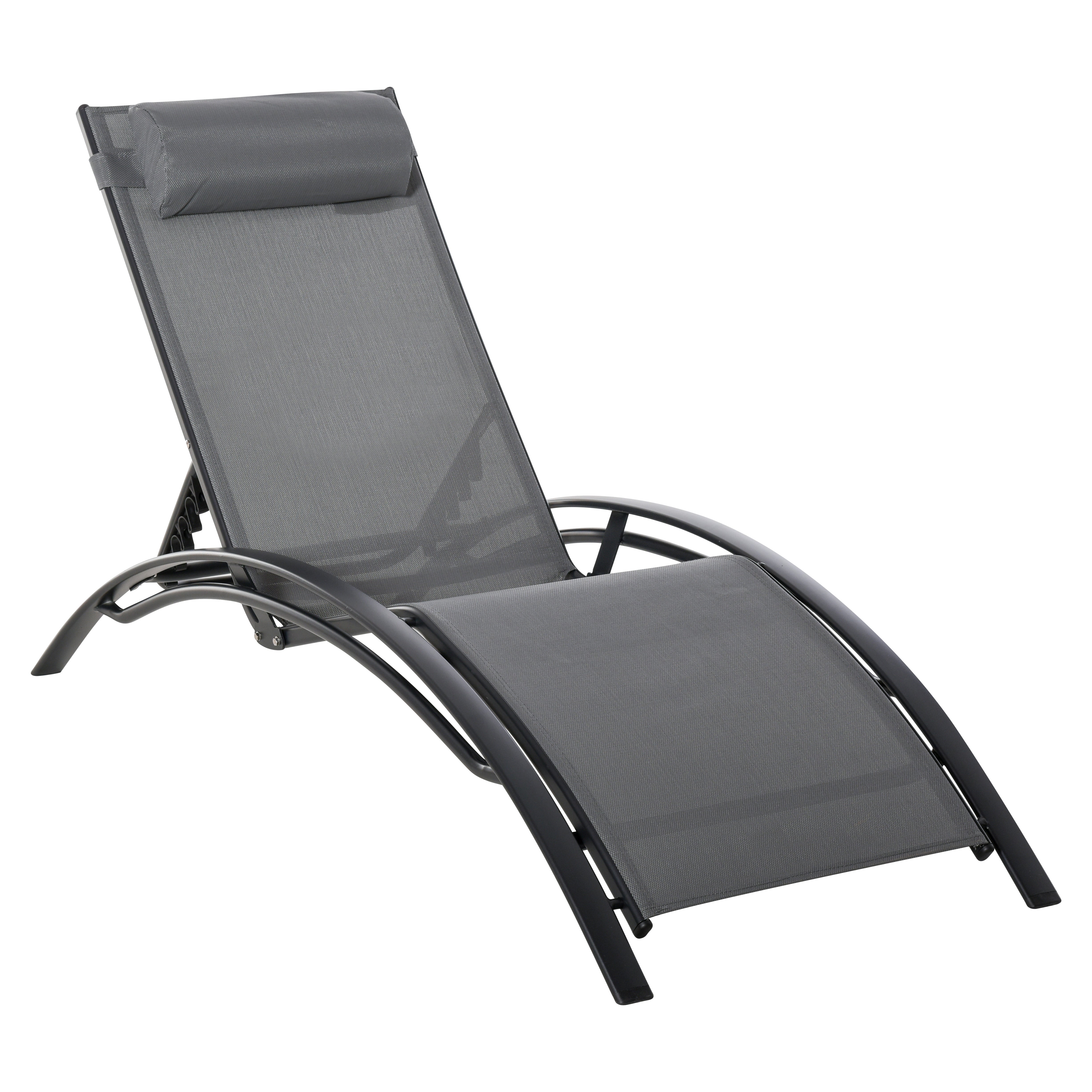 Contemporary Design Garden Sun Lounger Reclining Multi-Position Chair with Removable Headrest Aluminum Textilene dim. 171L x 64W x 82H cm Gray