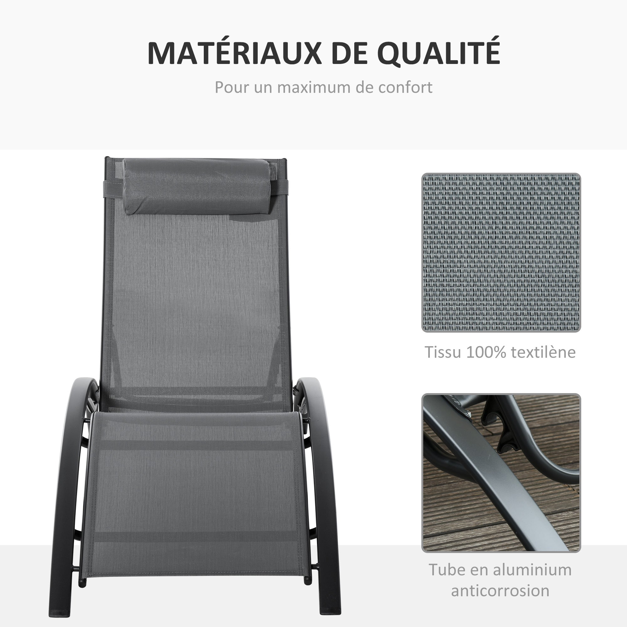 Contemporary Design Garden Sun Lounger Reclining Multi-Position Chair with Removable Headrest Aluminum Textilene dim. 171L x 64W x 82H cm Gray