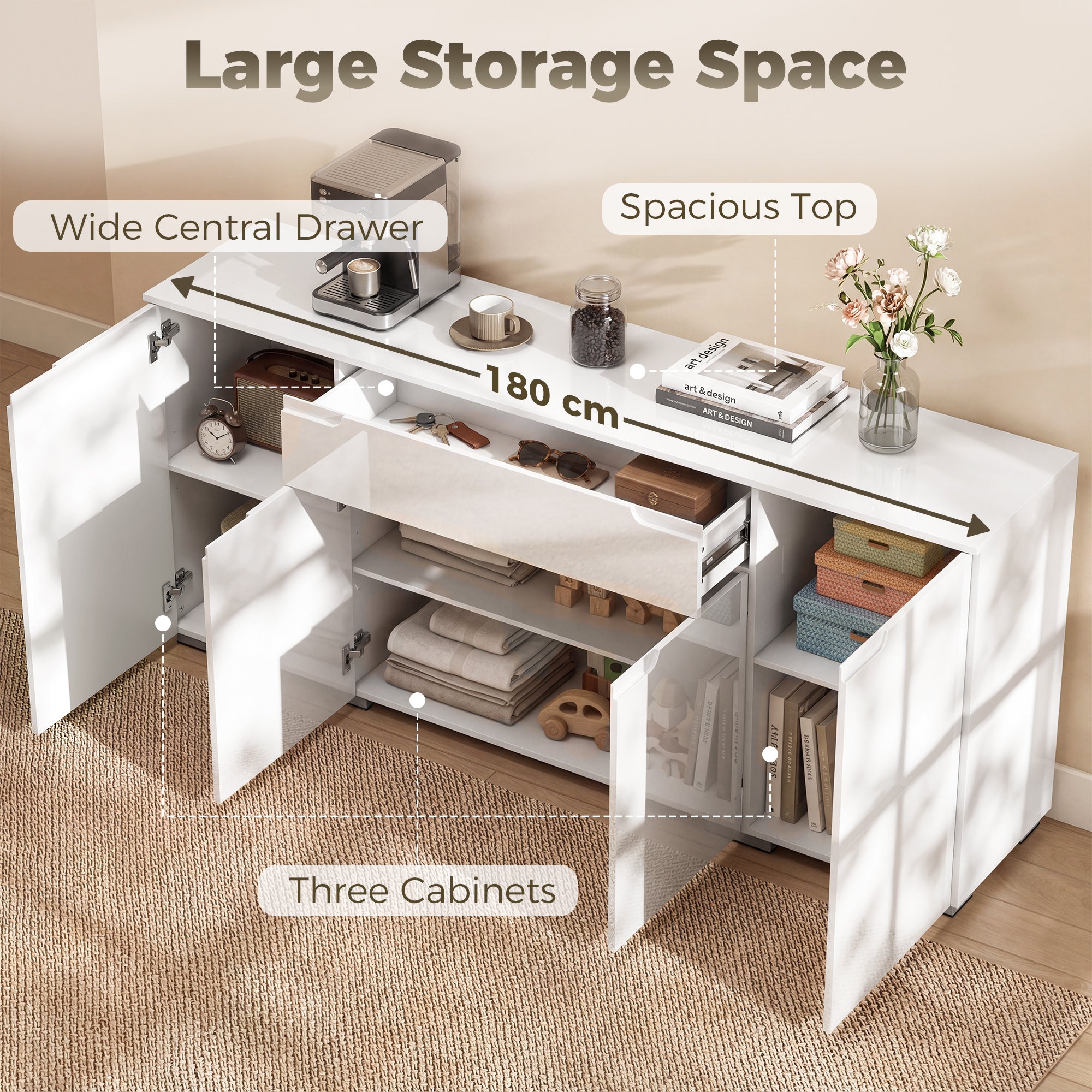 High-Gloss Sideboard — Modern 4-Door Buffet Cabinet with Adjustable Shelves & Soft-Close Doors, White