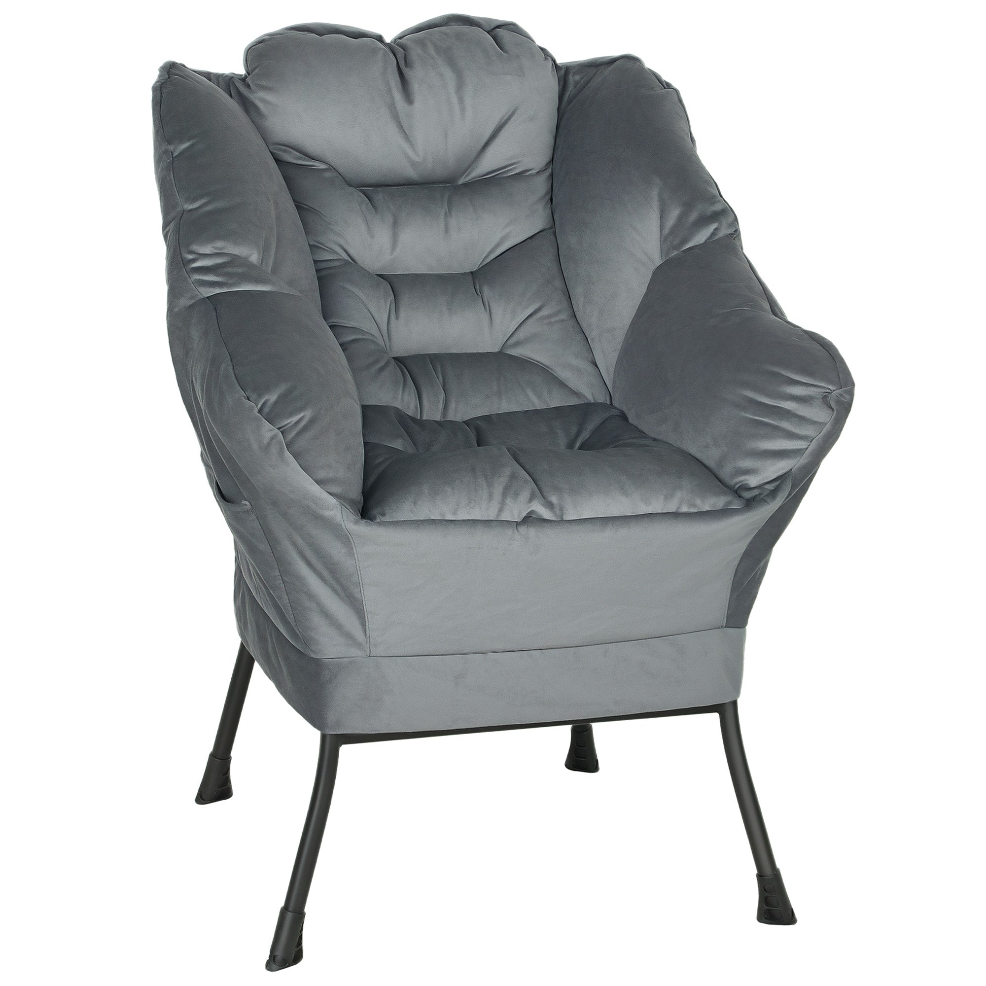 Living Room Armchair Lounge Chair Upholstered Relax Chair with Side Pocket, Steel Legs Padded Armchair with Velvet Look, Single Chair for Bedroom, Grey