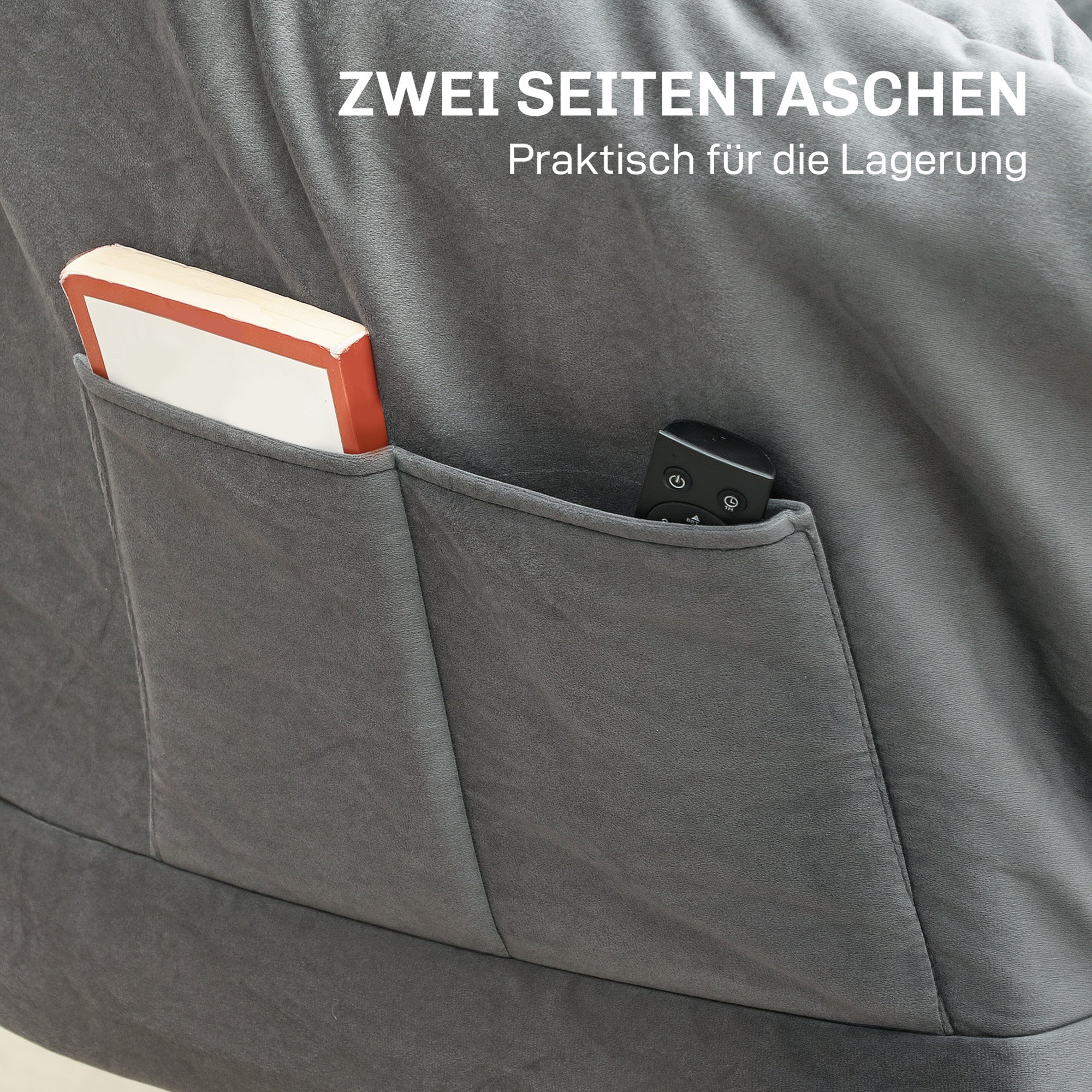 Living Room Armchair Lounge Chair Upholstered Relax Chair with Side Pocket, Steel Legs Padded Armchair with Velvet Look, Single Chair for Bedroom, Grey