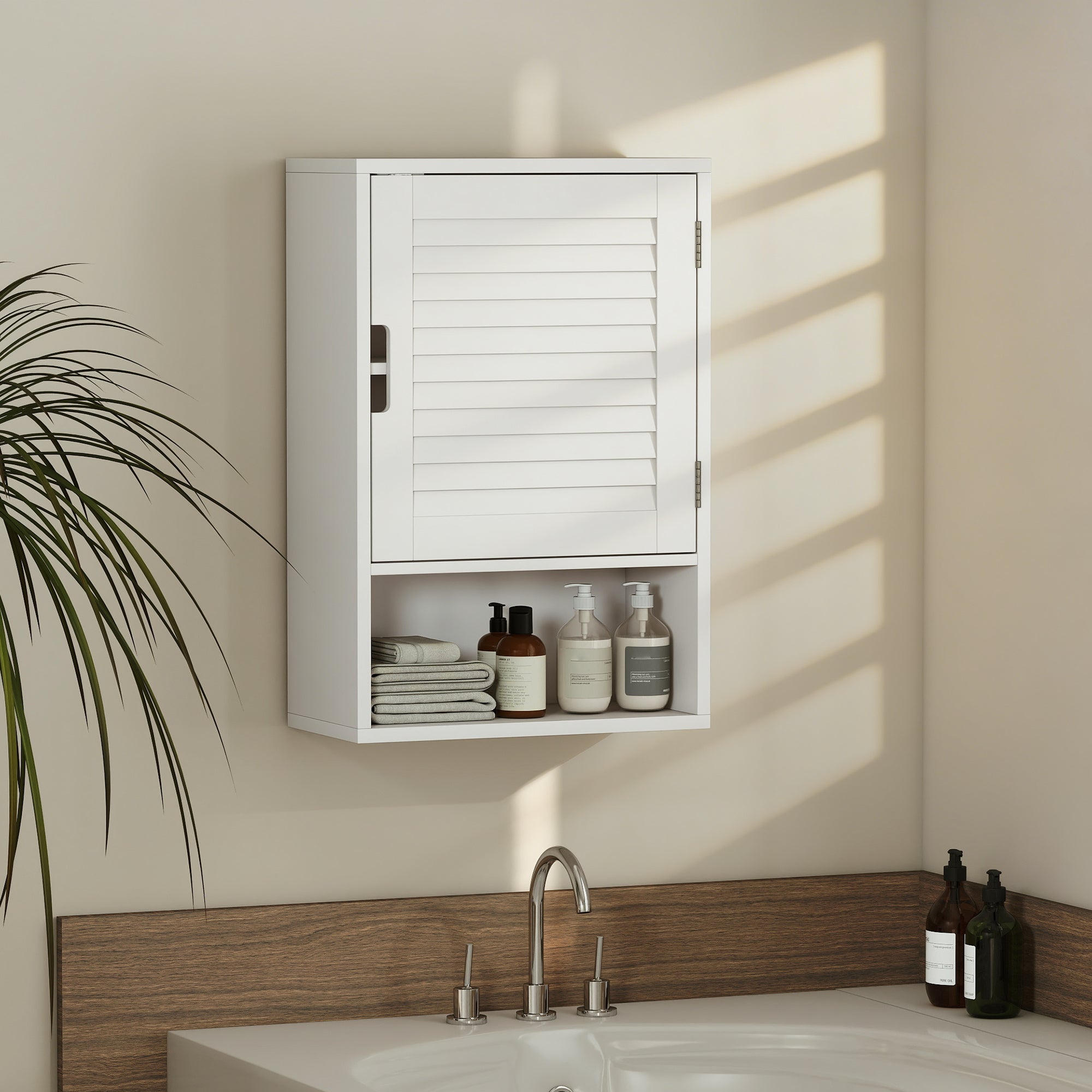 Wall-Mounted Bathroom Cabinet, Hanging Storage with Soft-Close Door, Adjustable Shelf & Open Compartment, 15.7 x 7.9 x 23.6 in, White