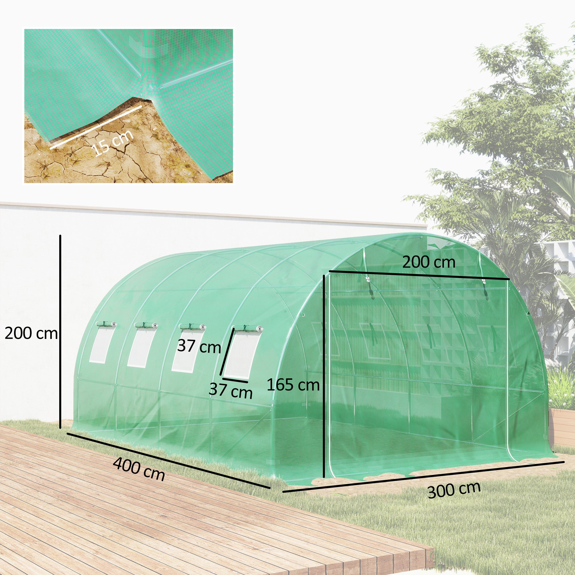 Replacement Film for Garden Tunnel Greenhouse 12 m², Film 4 x 3 x 2 m PE Anti-UV Waterproof 8 Windows + Roll-up Zippered Door Green