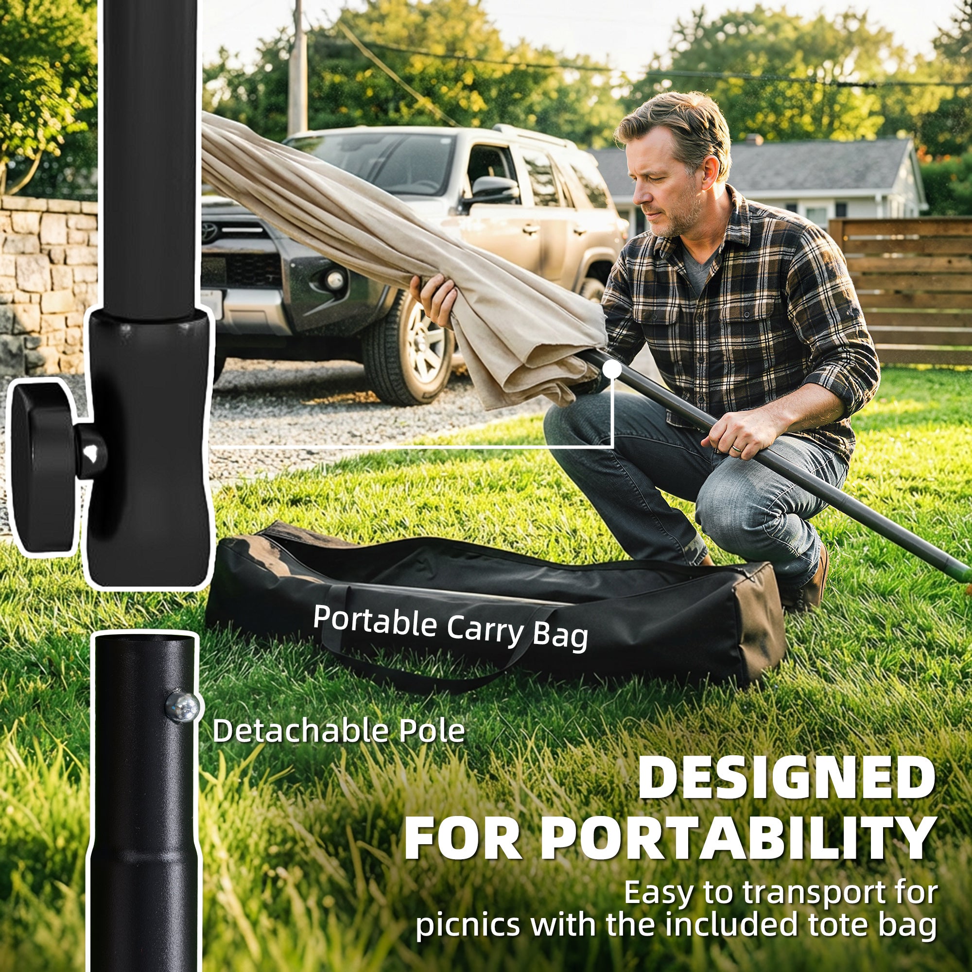 Rectangular Balcony Parasol 183 x 122 cm (72 x 48 in) – Water‑Repellent, 3‑Position Tilt, Crank, 8 Ribs, Beige