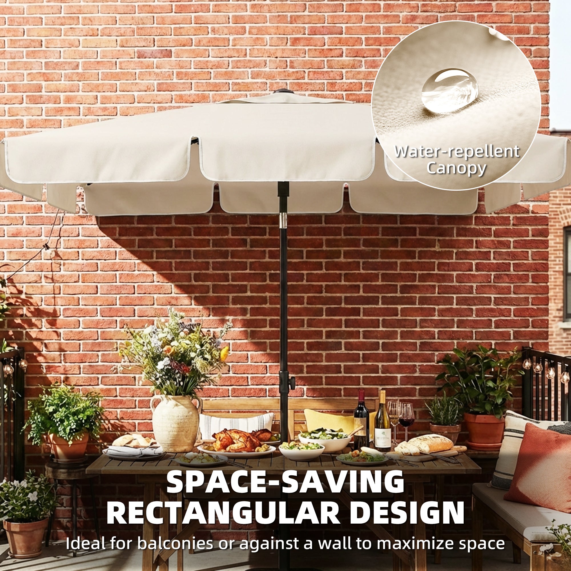 Rectangular Balcony Parasol 183 x 122 cm (72 x 48 in) – Water‑Repellent, 3‑Position Tilt, Crank, 8 Ribs, Beige