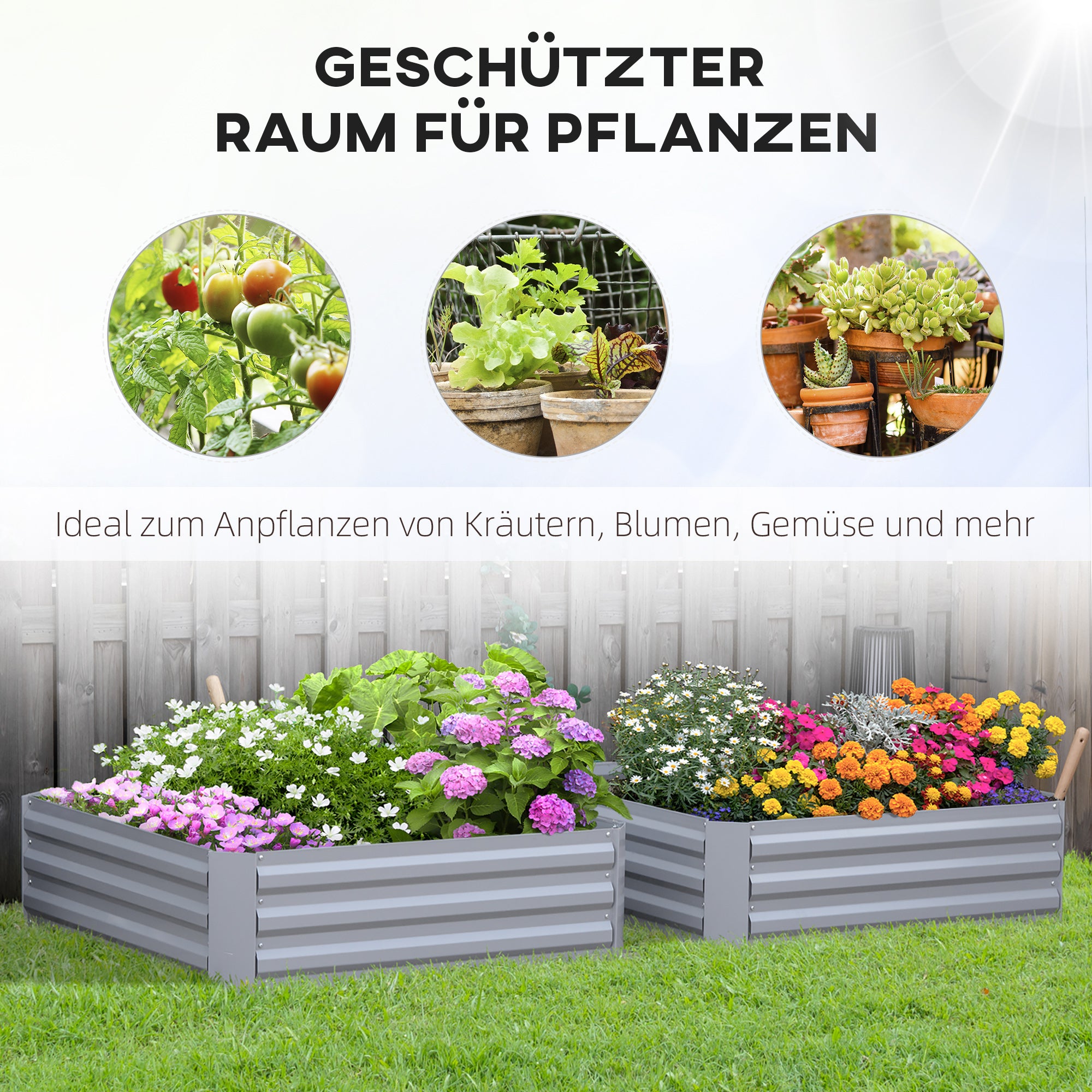 Raised Bed Set, 2-Piece Gardening Bed, Planting Box, Flower Box, Planting Pot, Flower Pot for Garden, Terrace, Galvanized Steel, Gray, 100 x 100 x 30 cm