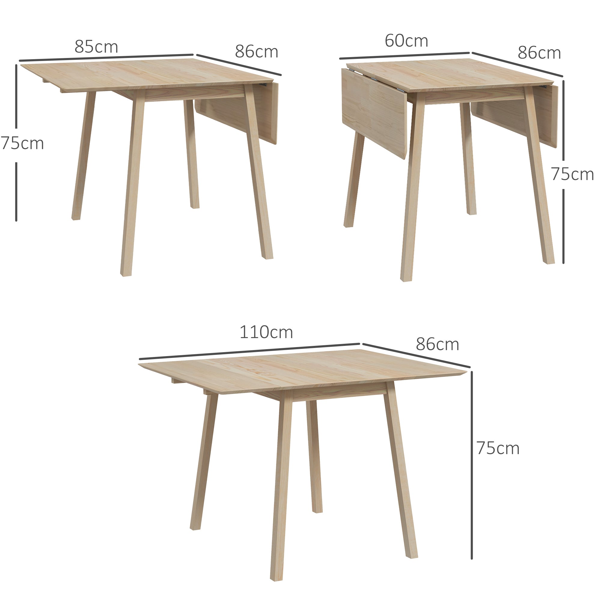 Folding Dining Table Kitchen Table for 2-4 People Dining Table Folding Table in Country Style for Small Spaces, Kitchen, Dining Room 110 x 86 x 75 cm Natural