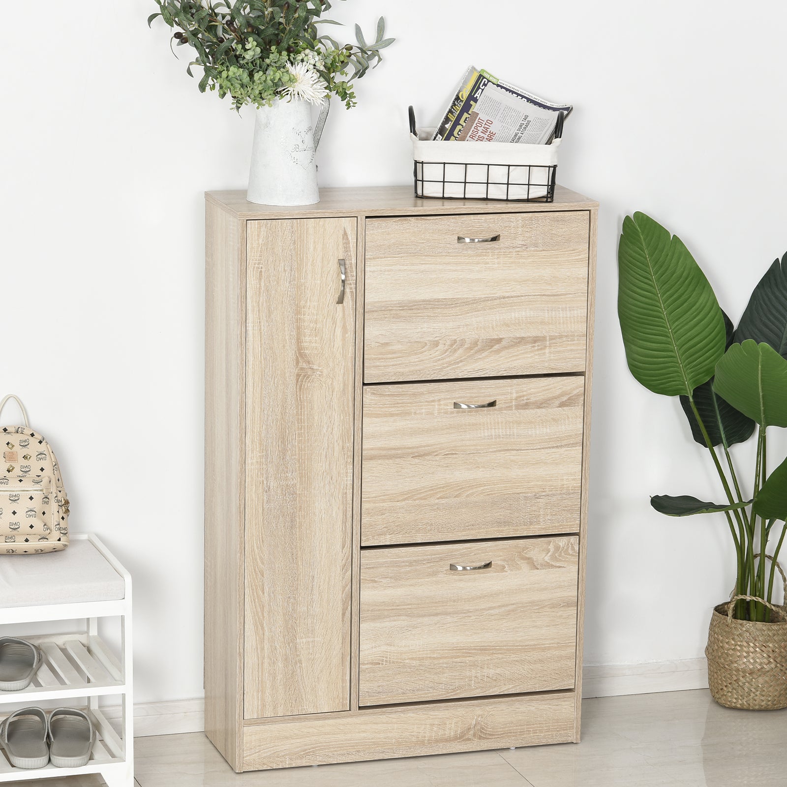 2-in-1 Shoe Cabinet for Shoes Storage Umbrellas Tall Cabinet Adjustable Shelf for 12 pairs 79x26x120 cm Wood