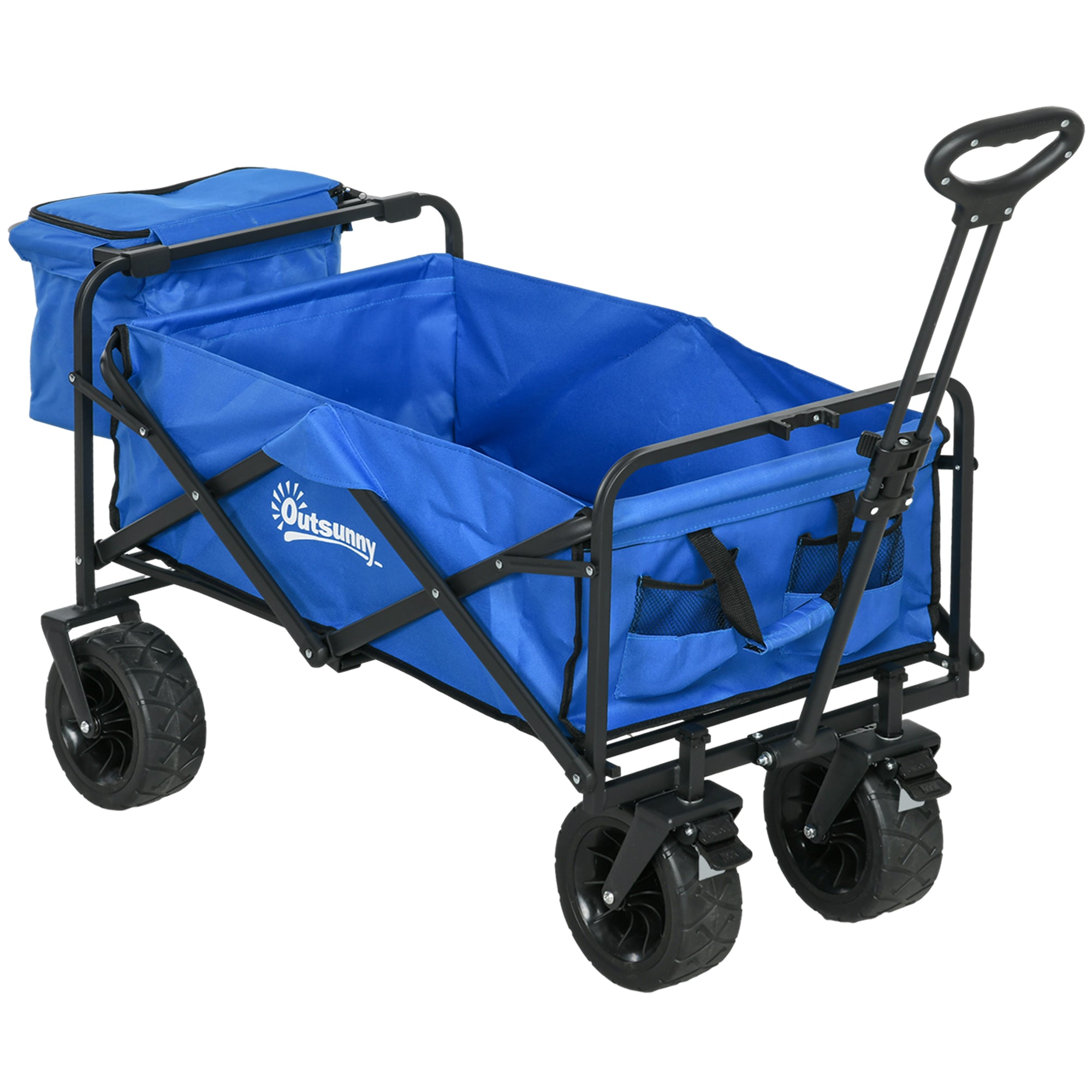 Folding Beach Cart 110L with Telescopic Handle and 15L Thermal Bag, Steel and Oxford Fabric Garden Cart, Blue