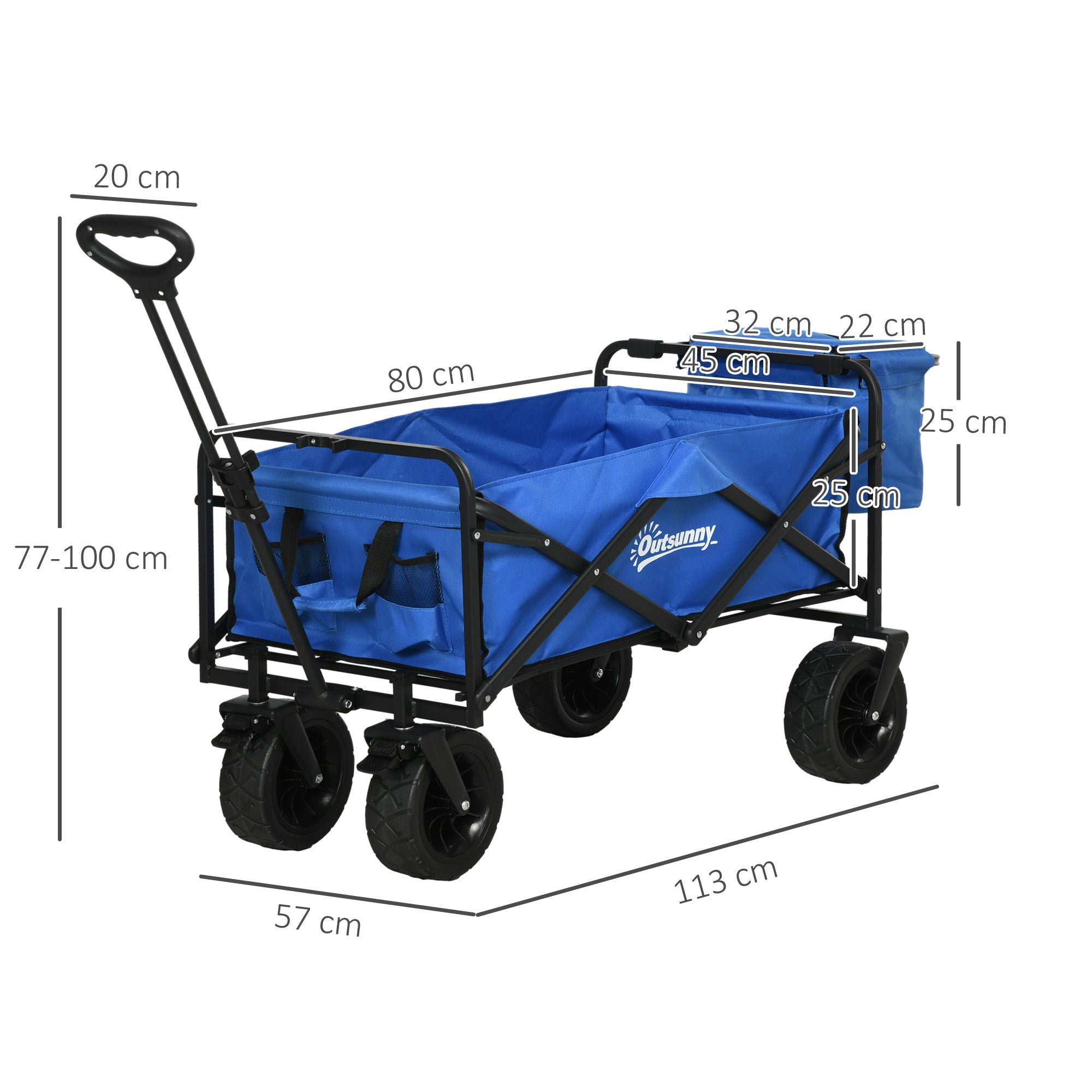 Folding Beach Cart 110L with Telescopic Handle and 15L Thermal Bag, Steel and Oxford Fabric Garden Cart, Blue