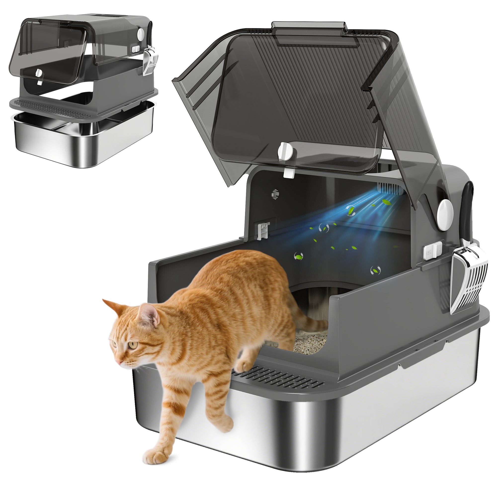 XXL Stainless Steel Cat Litter Box for Large Cats — Flip-Top Covered Litter Box, High Sides, Top Entry, Scoop, Odor-Resistant, Easy-Clean, Leak-Proof, Black