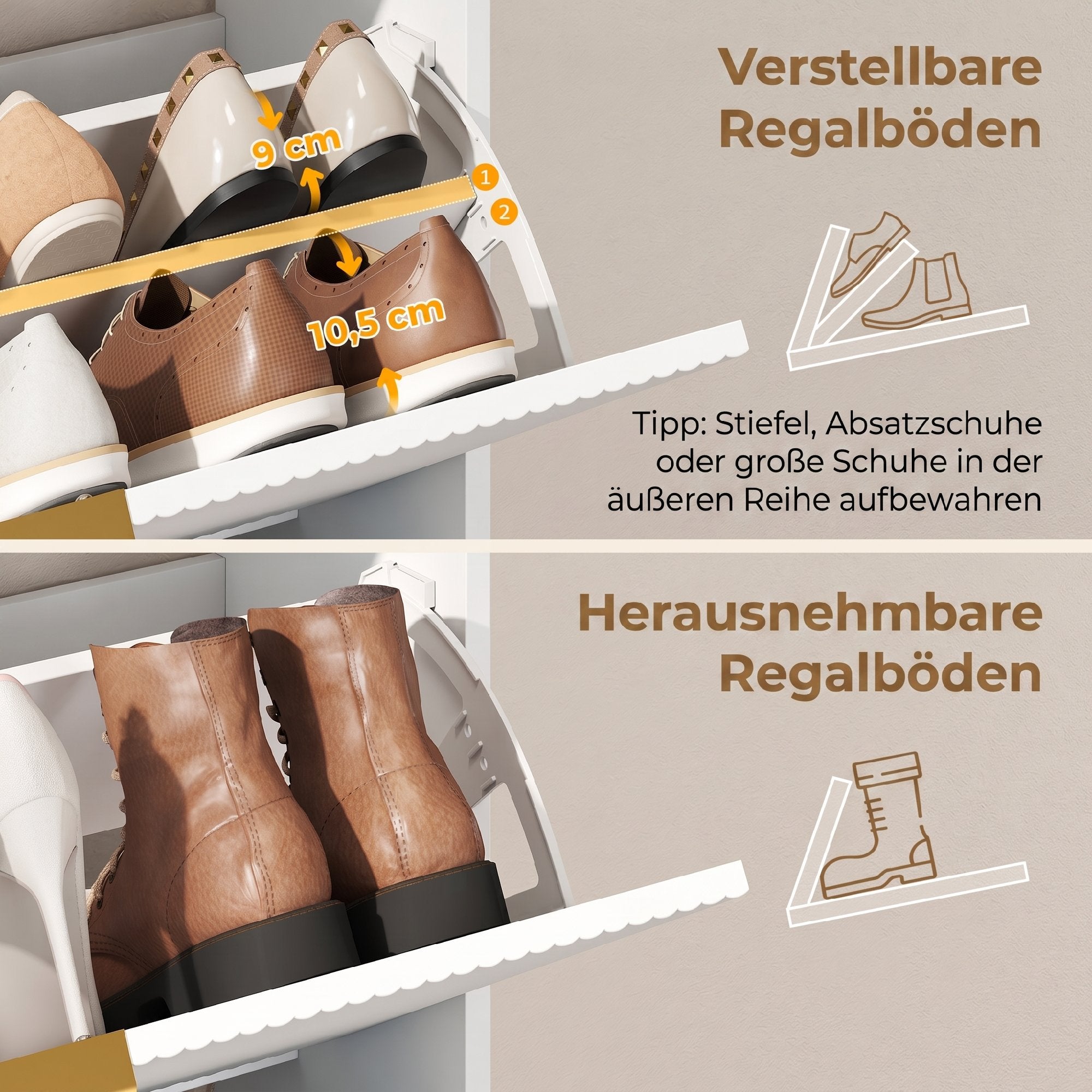 Slim Flip Shoe Cabinet — 2 Flip Compartments, Top Shelf, Holds 12–16 Pairs — White (31.5"x9.4"x40.4")