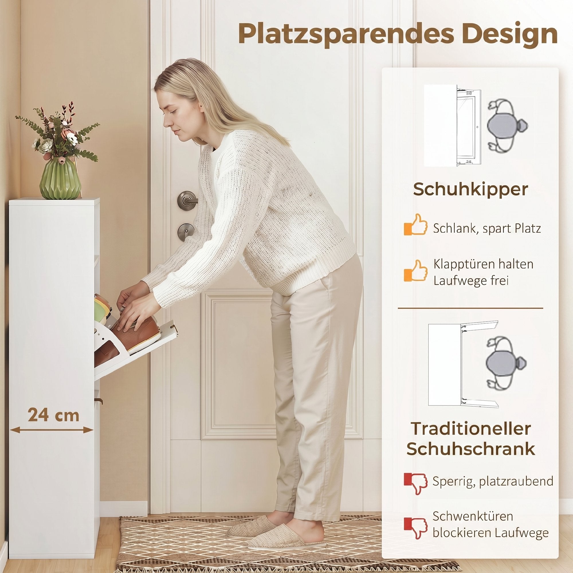Slim Flip Shoe Cabinet — 2 Flip Compartments, Top Shelf, Holds 12–16 Pairs — White (31.5"x9.4"x40.4")