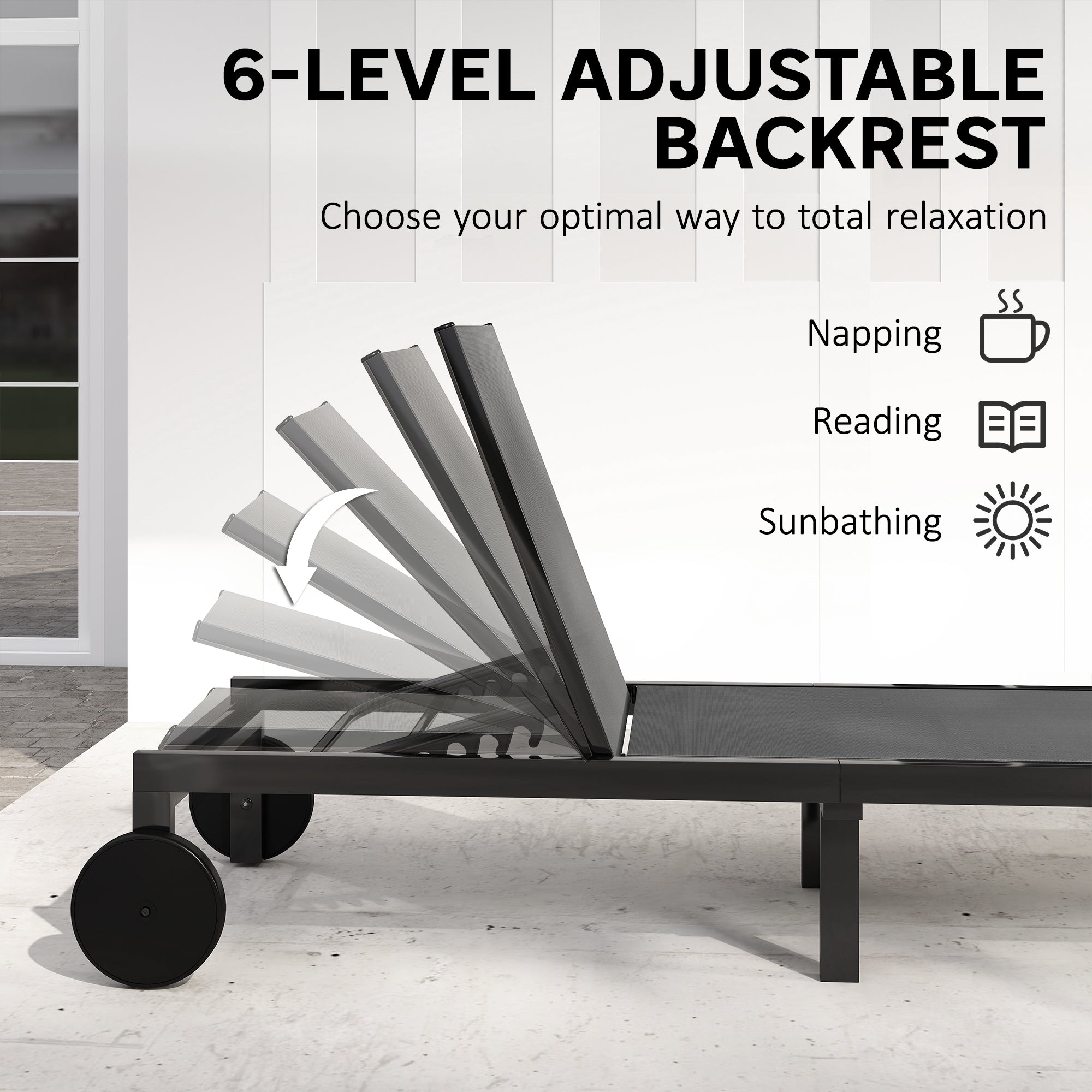 6-Position Adjustable Sun Lounger with Wheels — Breathable Mesh, Aluminum Frame, Supports up to 265 lb, Dark Gray