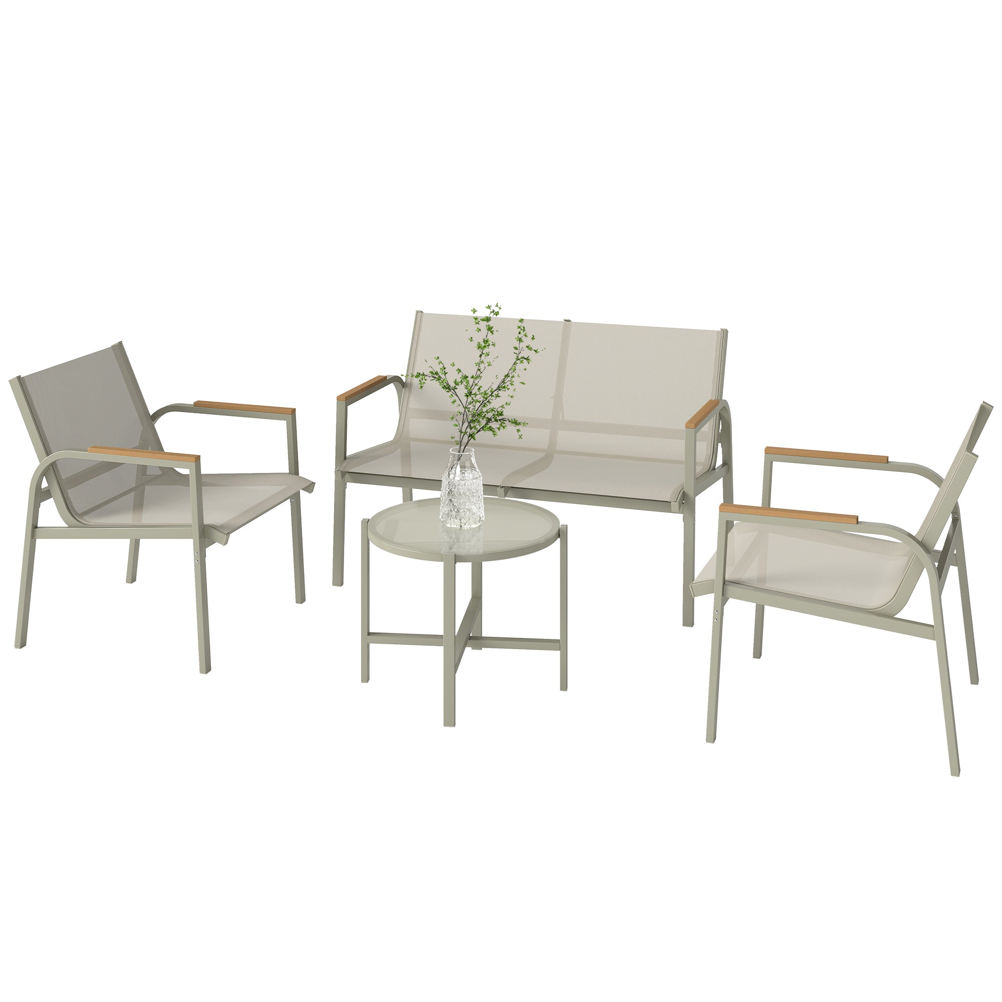 4-Piece Textilene Outdoor Patio Set — 2-Seat Sofa, 2 Armchairs & Tempered Glass Coffee Table, Green