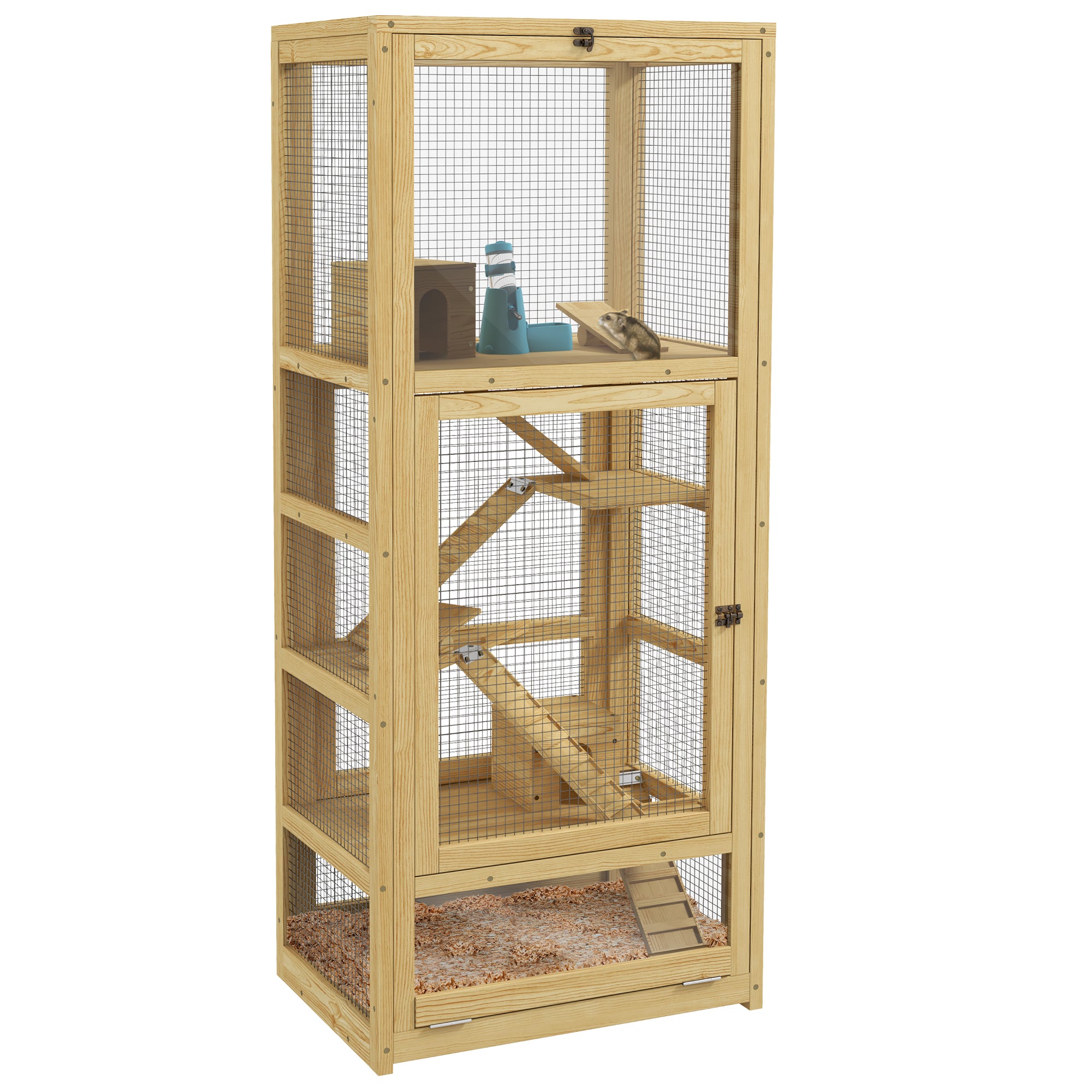 Hamster or Mouse Cage, Small Animals Wooden 5 Levels with Ladder, House, Swing, Removable Tray, Water Dispenser, 54 x 38 x 131 cm, Natural