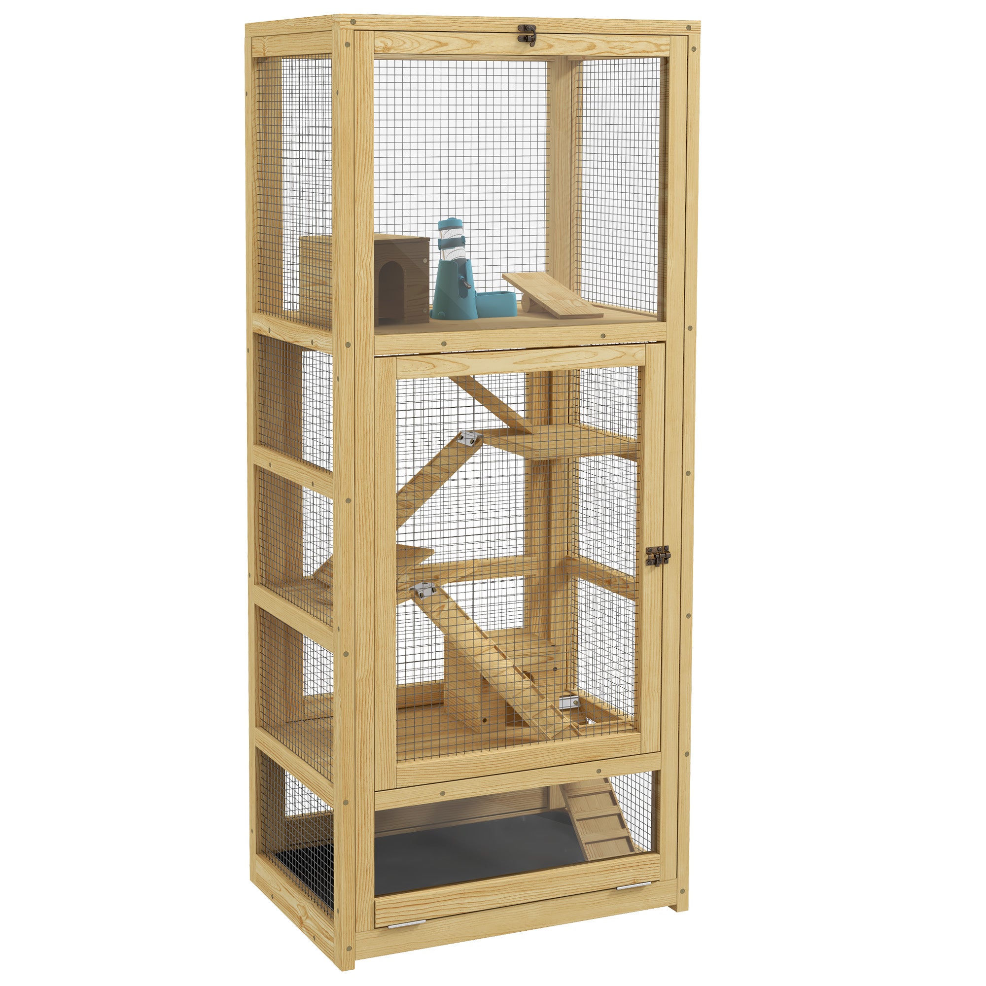 Hamster or Mouse Cage, Small Animals Wooden 5 Levels with Ladder, House, Swing, Removable Tray, Water Dispenser, 54 x 38 x 131 cm, Natural