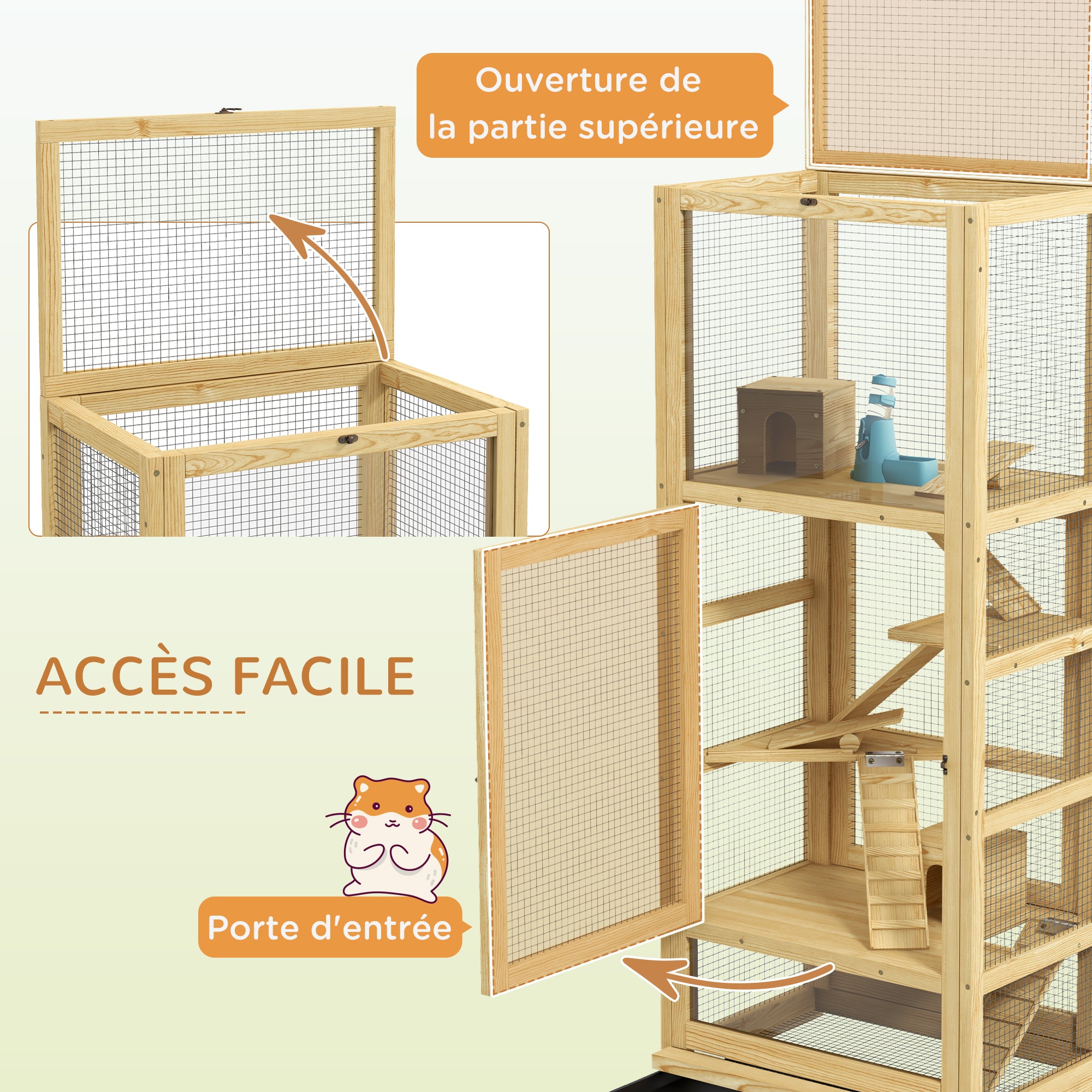 Hamster or Mouse Cage, Small Animals Wooden 5 Levels with Ladder, House, Swing, Removable Tray, Water Dispenser, 54 x 38 x 131 cm, Natural