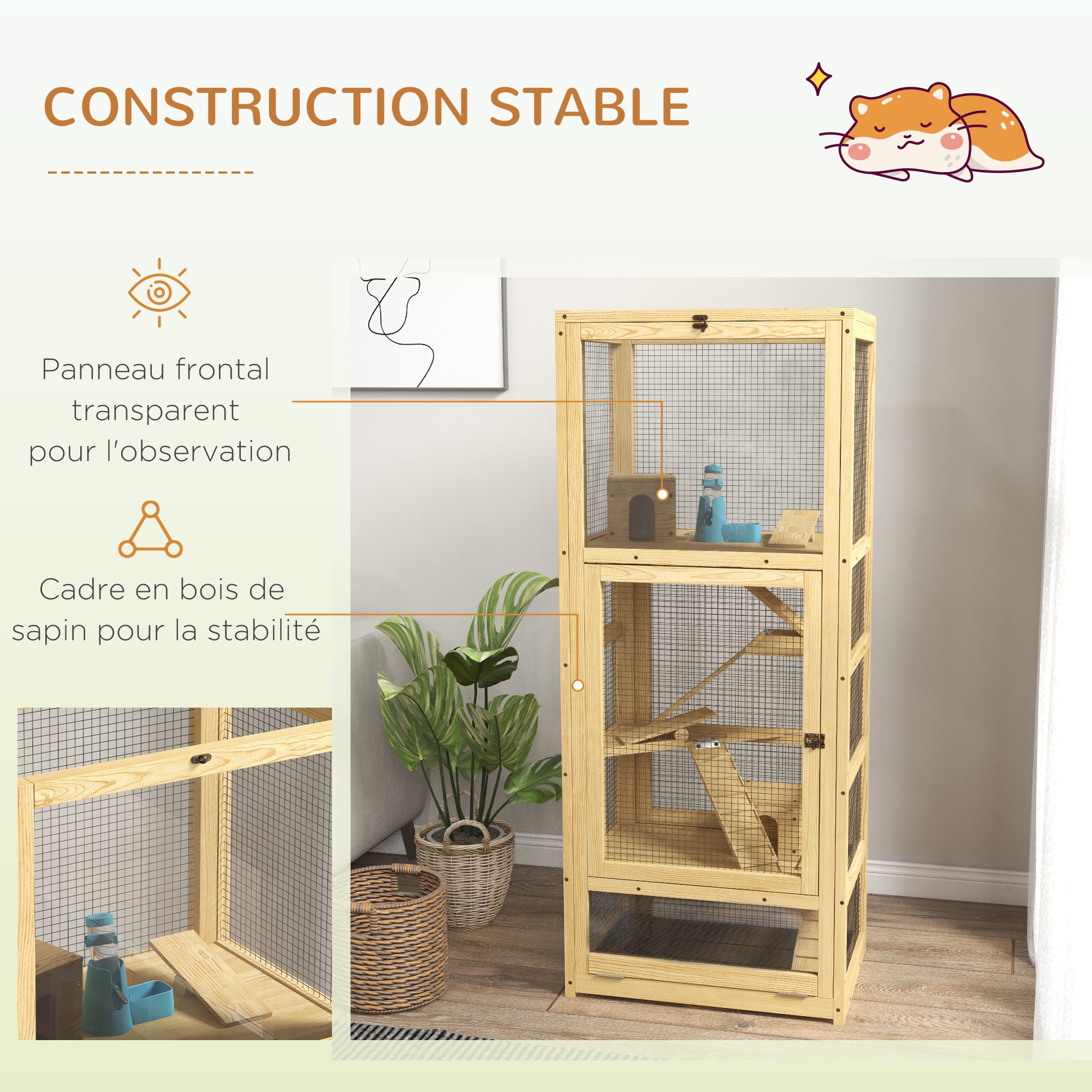 Hamster or Mouse Cage, Small Animals Wooden 5 Levels with Ladder, House, Swing, Removable Tray, Water Dispenser, 54 x 38 x 131 cm, Natural