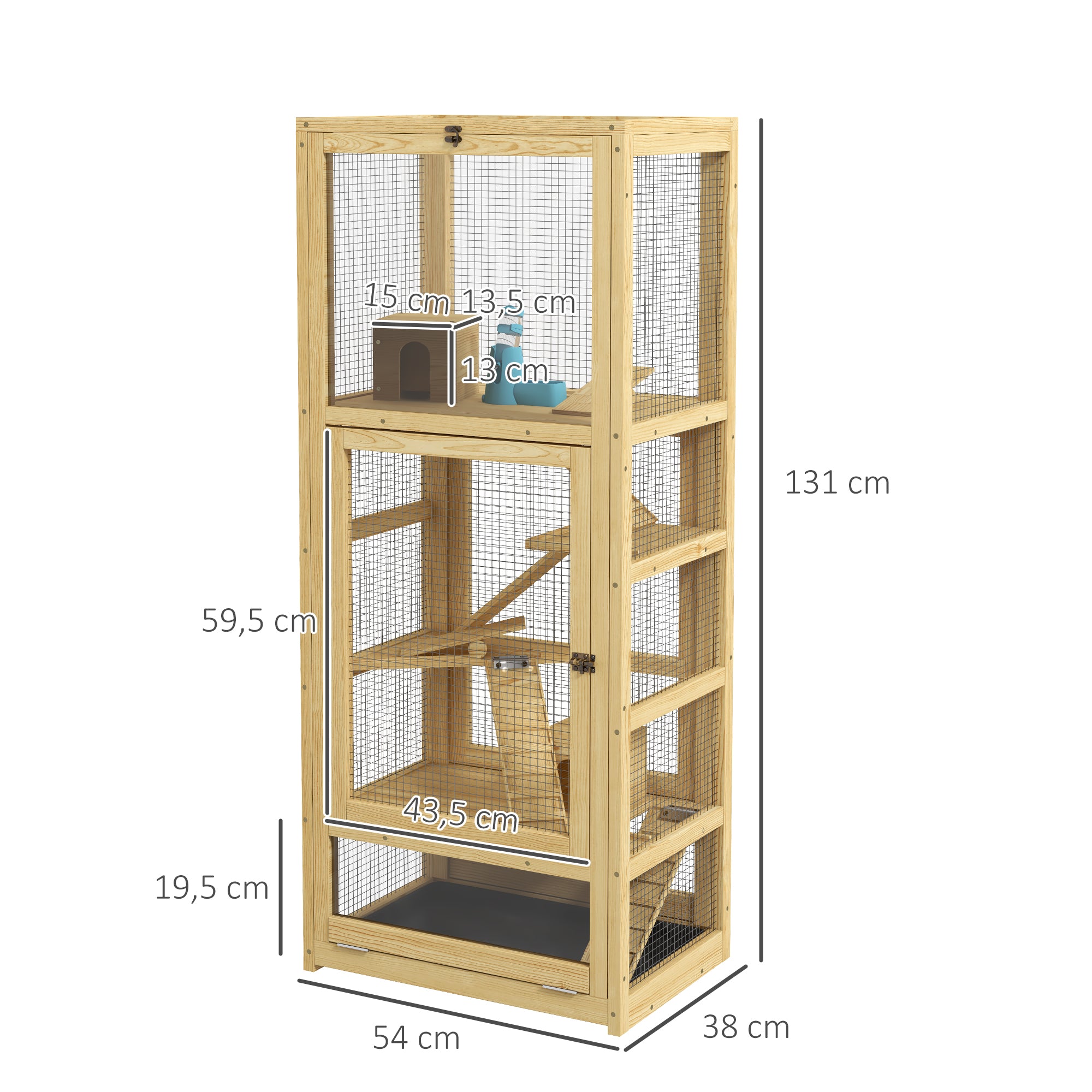 Hamster or Mouse Cage, Small Animals Wooden 5 Levels with Ladder, House, Swing, Removable Tray, Water Dispenser, 54 x 38 x 131 cm, Natural
